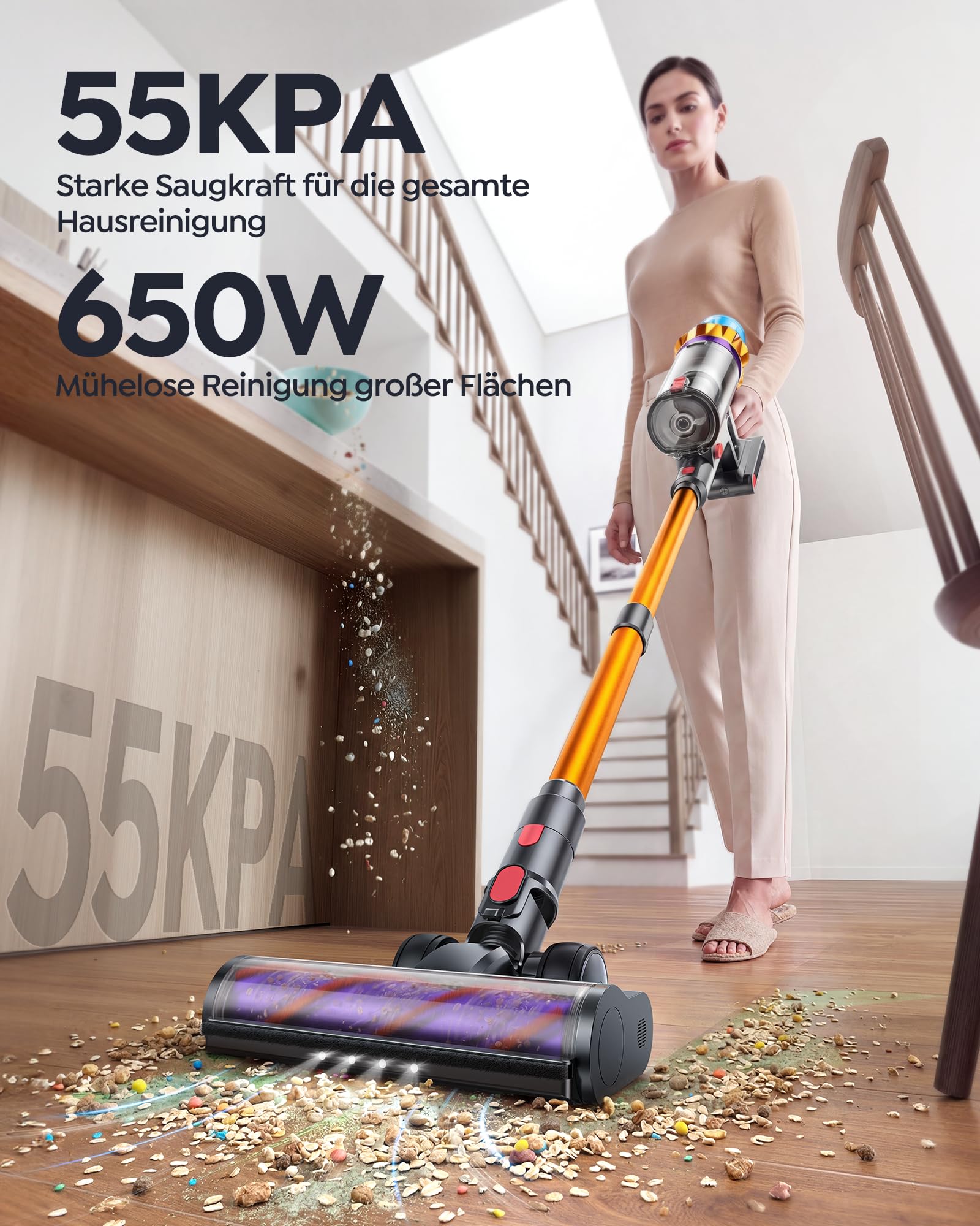 Fieety Akku Staubsauger Kabellos 55KPa/650W/80Min, 1,8L Akkustaubsauger mit Automatikmodus, 1,5M Schlauch, Duftfunktion, Anti-Tangle-Bürste, für Tierhaare, Teppiche, Hartböden, Auto