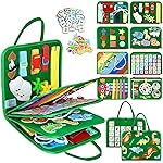 Esjay Toddler Busy Board Montessori Toys for Boys and Girls, Sensory Board Educational Activities for Learning Fine Motor Skills, Birthday Gifts Toddlers, Travel Toys for Airplane Car, Green Dinosaur
