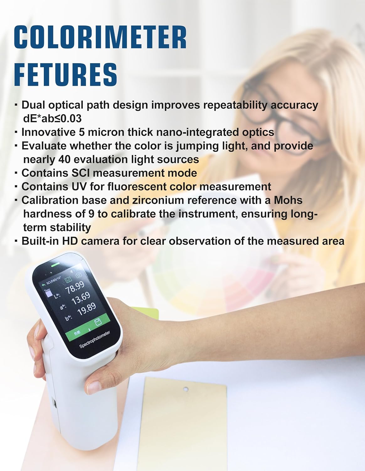 AMTAST AMT599 Colorimeter displaying measurement results, highlighting its features.