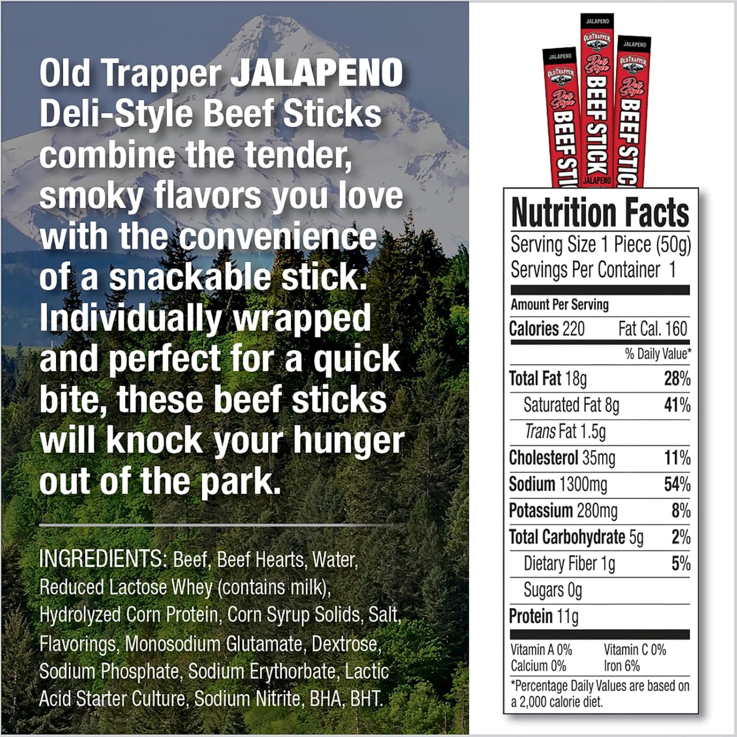 Old Trapper Deli-Style Sausage Sticks, Jalapeño Flavor, 1.75-Ounce Individually Wrapped Packages, 11 Grams of Protein and Zero Grams of Sugar per Serving (Pack of 26)
