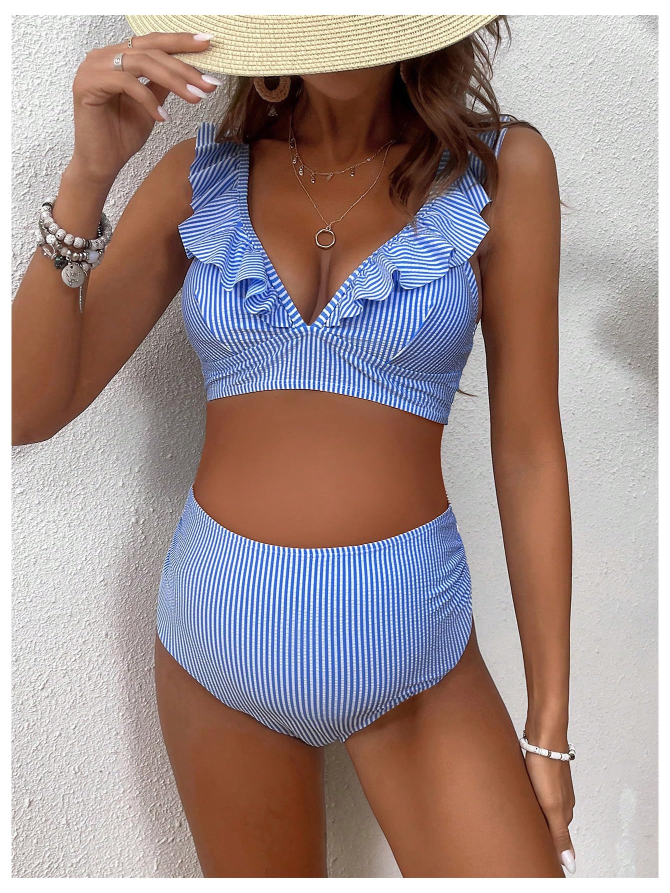 Floerns Costume da bagno premaman a righe con volant e scollo a V, 2 pezzi