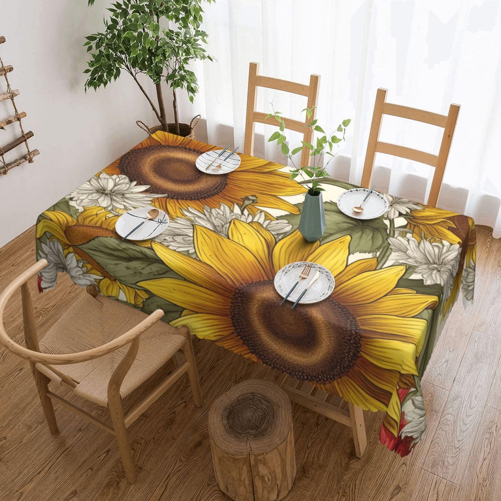 Fodpand Black Bees Sunflowers Daisy Rose Flowers Tablecloths For Rectangle Tables 72 X 54 Inches - Reusable And Washable Table Clothes Decorative Table Cover For Dining Tables, Buffet Parties, Wrinkle Resistant