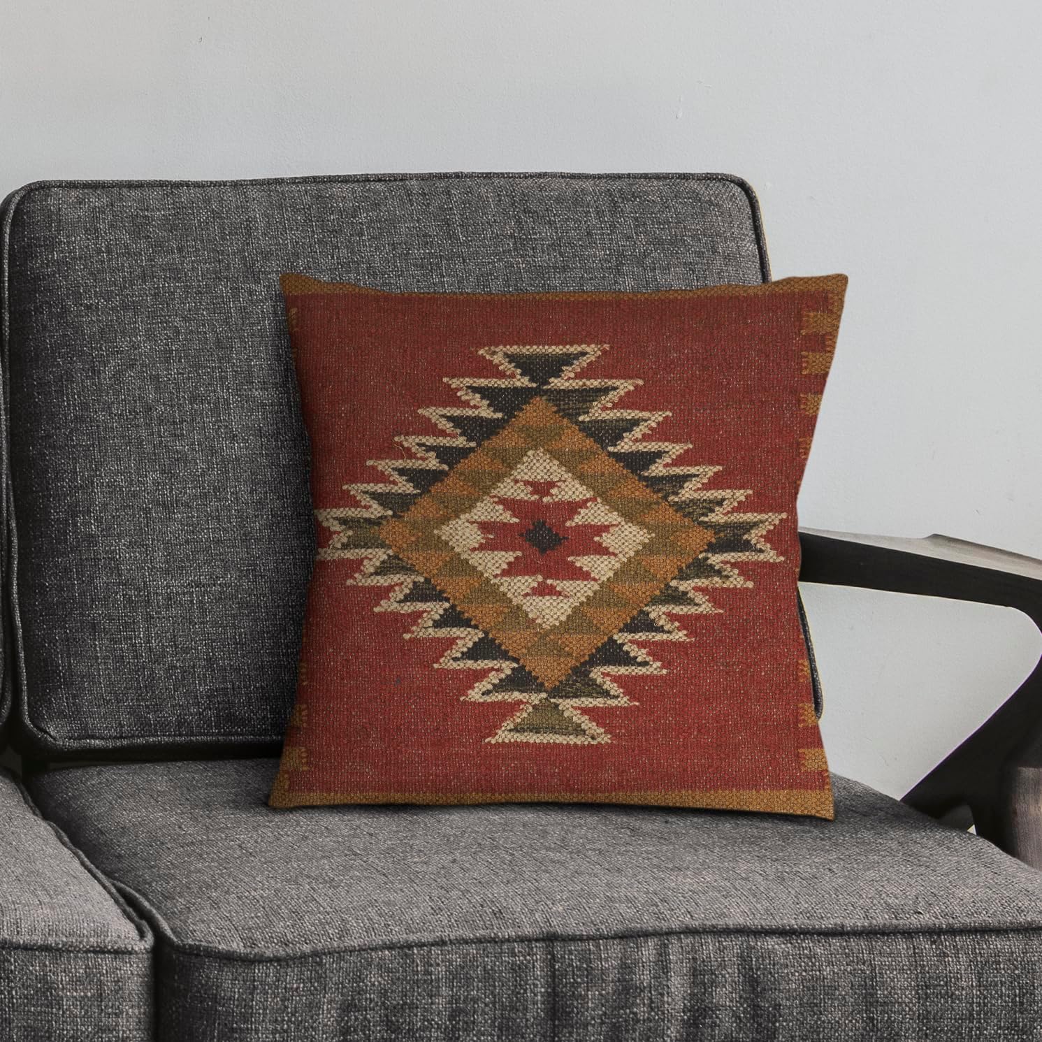 Handwoven Indian Jute Kilim Cushion Cover Wool Tribal Boho Pillow Rustic Vintage Decor for Sofa Chair Bed Multicolor Throw Pillowcase