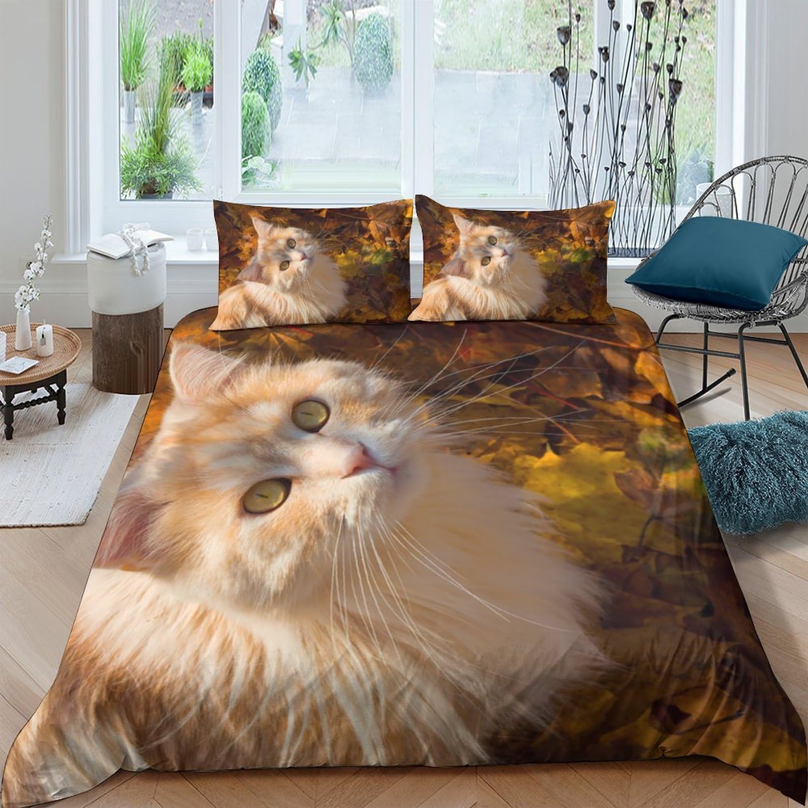 Ctjqhvkz Style-9 3D Printed Fluffy Cat Fitted Sheet Microfiber Soft Brown Autumn Leaves Bed Cover For Bedroom Guest Room Decor Single（135X200cm）