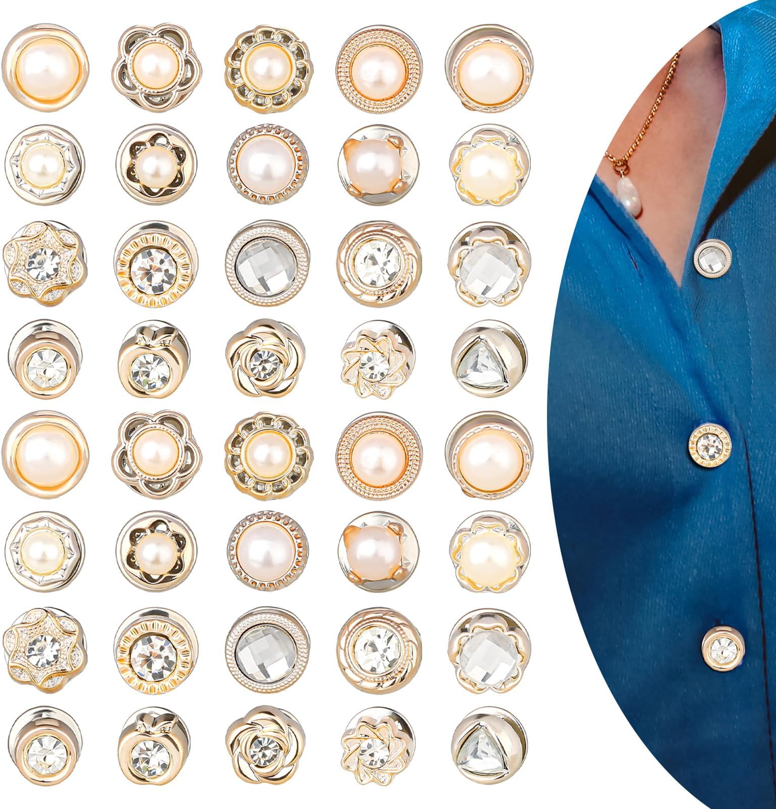 Lusofie40 Pcs Brooch Pins for Women Fashion No Sew Button Pins Pearl Rhinestone Brooch Pins Decorative Safety Pins for Clothes Hat Bags DIY Crafts