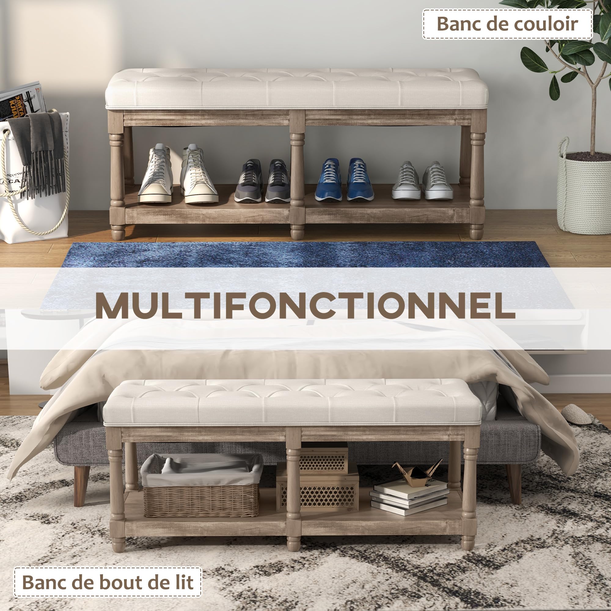 HOMCOM Banquette, Banc à Chaussures capitonnée, Bout de lit, 115 cm, 2 Niveaux étagère, Style Classique, piètement en Bois sculpté, rembourrée en Lin, Beige