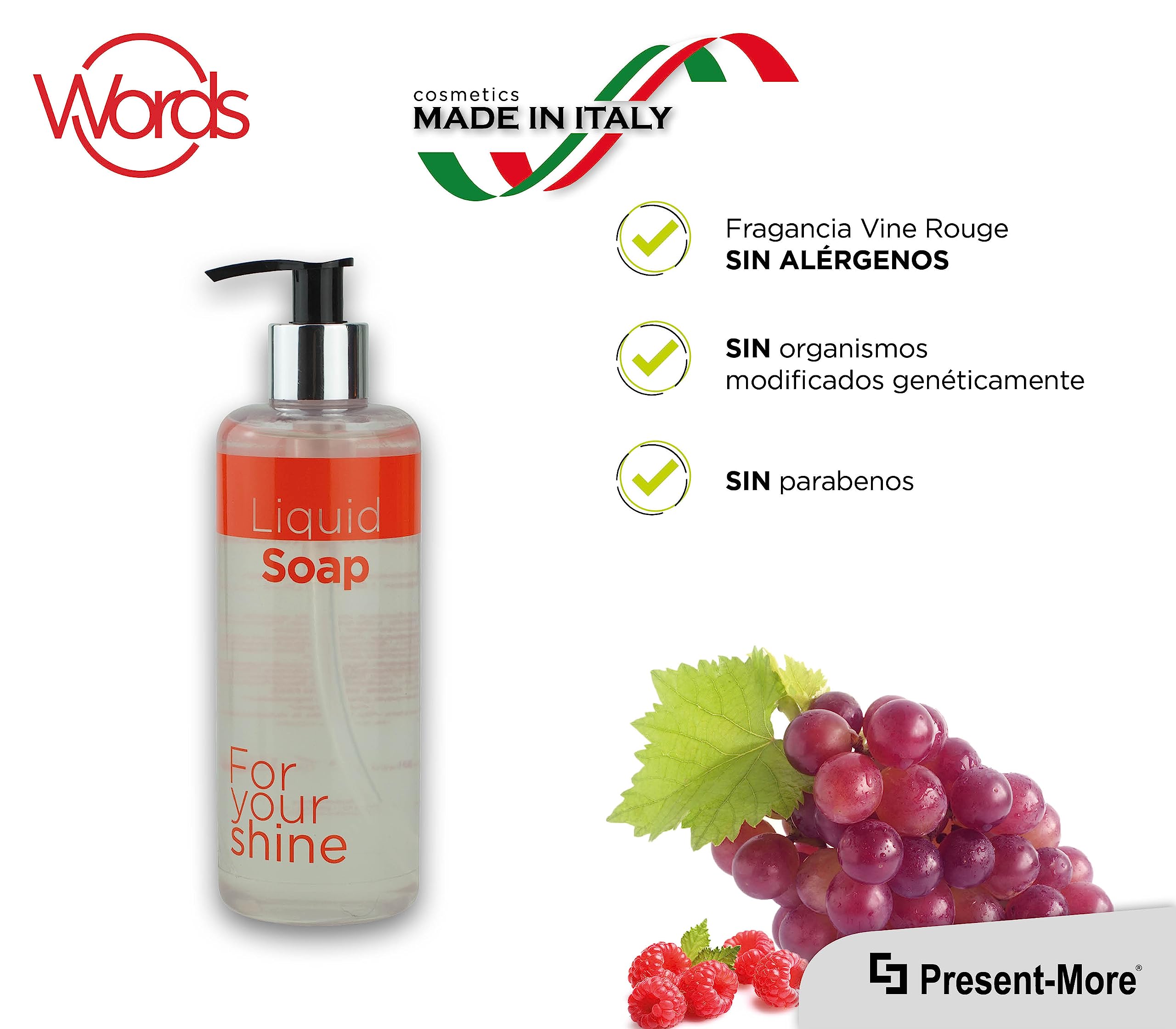 Present-More Jabon manos 300ml Words - Jabon líquido 15 unidades para Hoteles y B&B | Jabon líquido sin alérgenos con fragancia Vigne Rouge