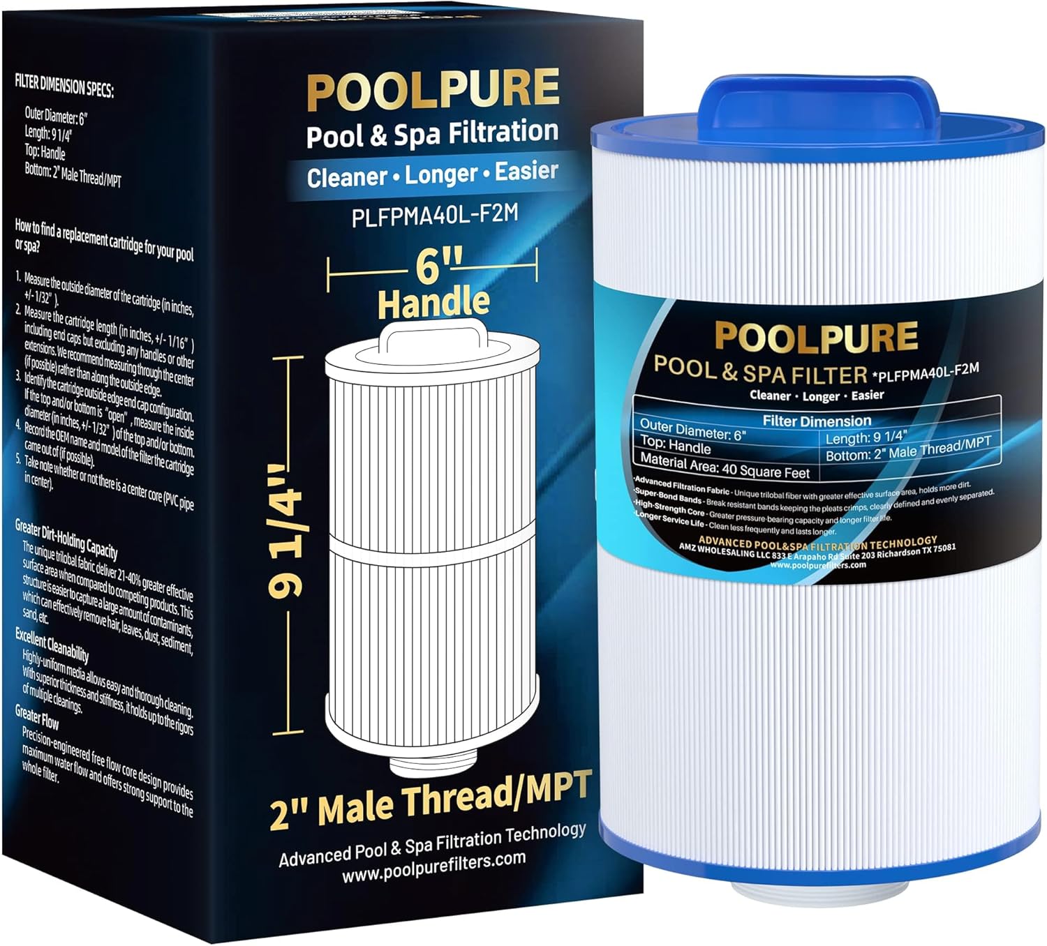 POOLPURE Replacement Spa Filter for PMA40L-F2M, Master Spas Twilight X268365, X268543, Unicel 6CH-402, 2" Male Thread/MPT, Length: 9 1/4" Hot Tub Filter