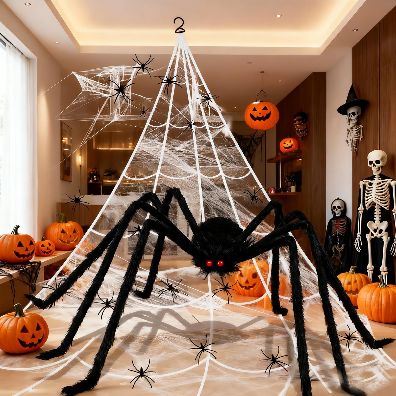 Giant Spider Halloween Decorations Outdoor Indoor,59" Black Giant Spider,275" Triangular Web,60g Stretch Spider Webs,60 Small Plastic Spiders for Halloween Party Props Garden Porch Haunted House Decor - Image 4
