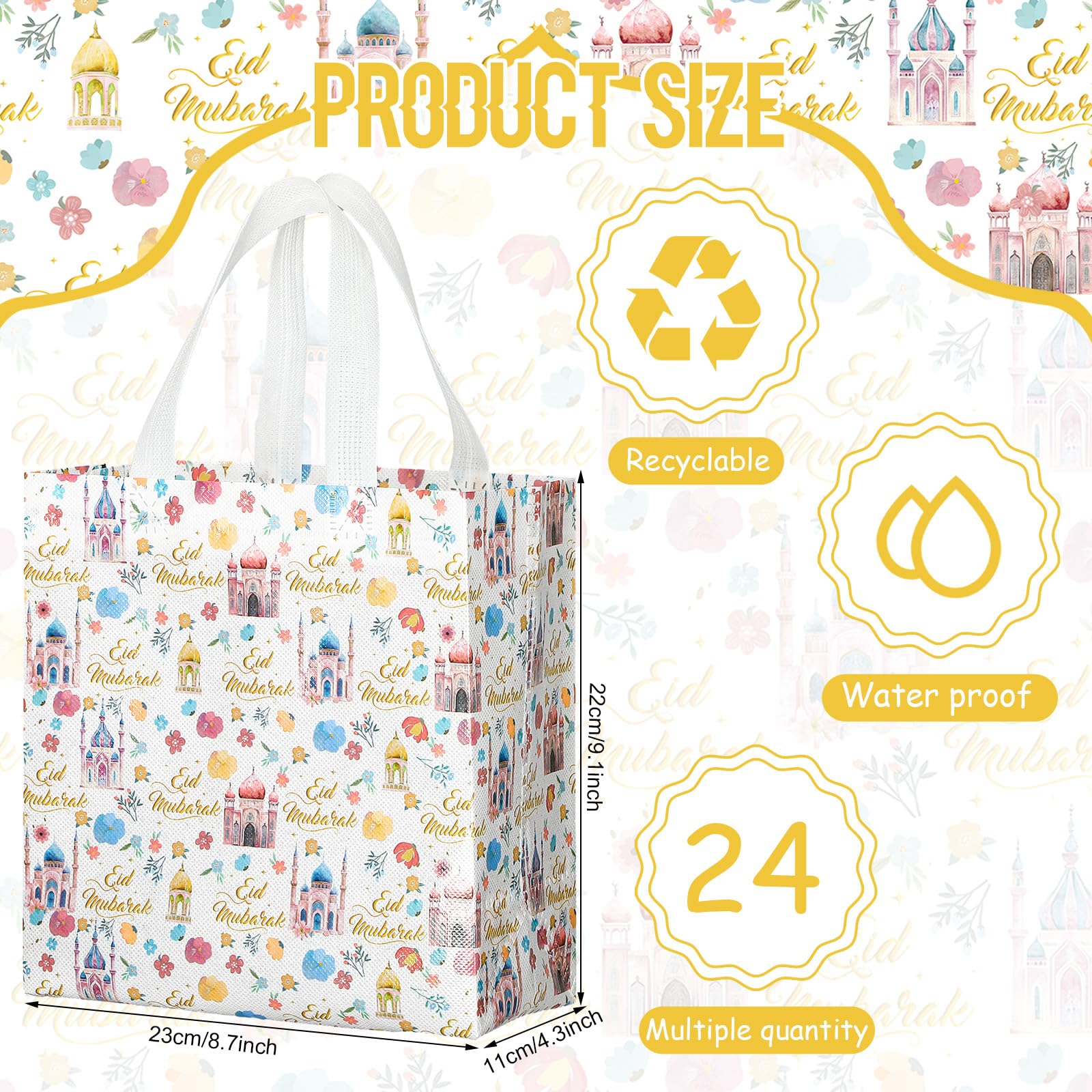 Amylove 24 Pcs Reusable Eid Mubarak Gift Bags with Handles Non Woven Ramadan Goodie Bags Eid Mubarak Party Favor Treat Gift Wrapping Shopping Tote Ramadan Party Supplies 9.2" x 8.7" x 4.3"