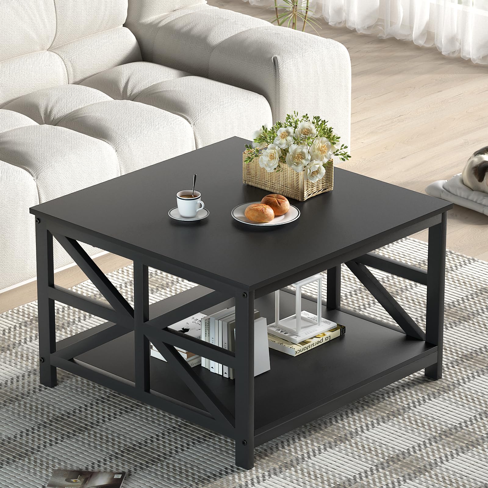 GreenForest Modern Living Room Coffee Table with 2 Tier Storage, Small Square Wood and Metal Farmhouse Center Table with Seamless One-Piece Tabletop,