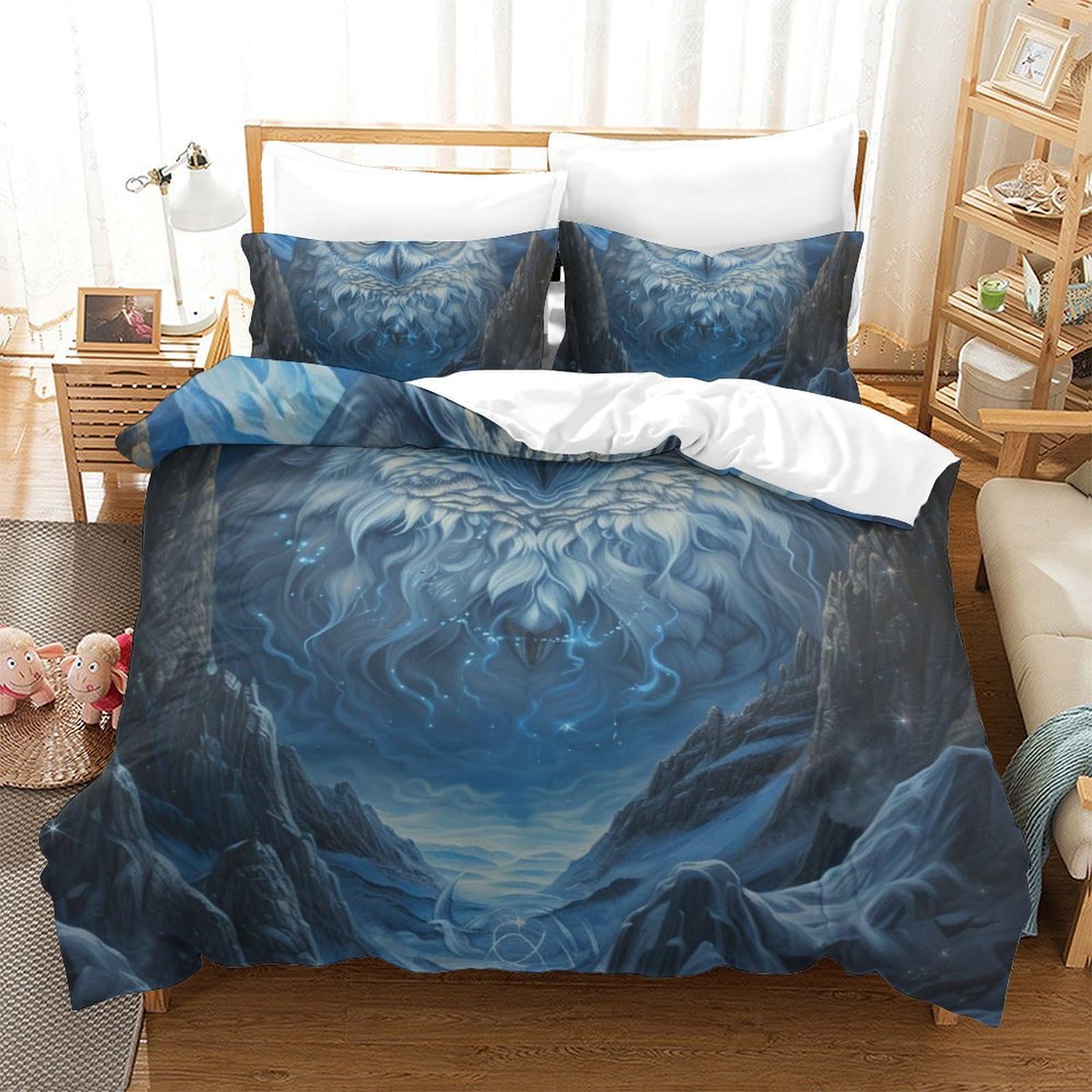 Linge de lit King 220x240cm avec housse de couette chouette blanche et motif imprimé 3D précis