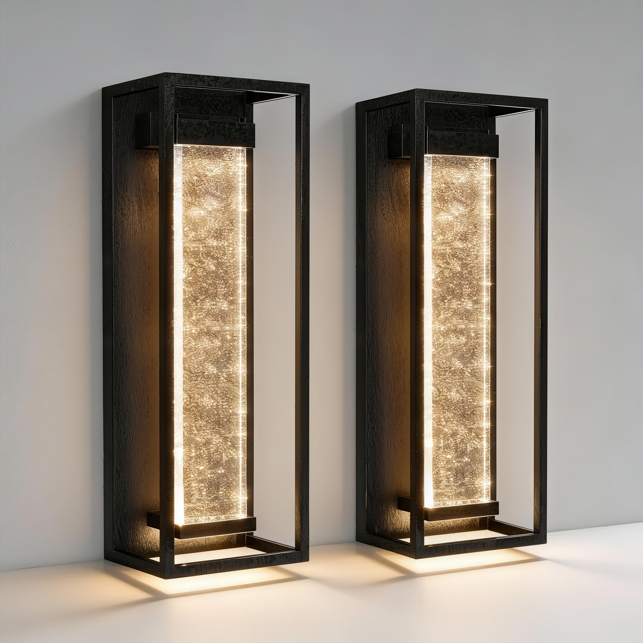 Photo 1 of 16 Inch Modern Outdoor Wall Sconce, Matte Black Waterproof Exterior Wall Light with Metal Frame and Crystal Bubble Glass, LED 3000K Warm White Lantern for Porch Garage Patio Lighting (2 Pack)