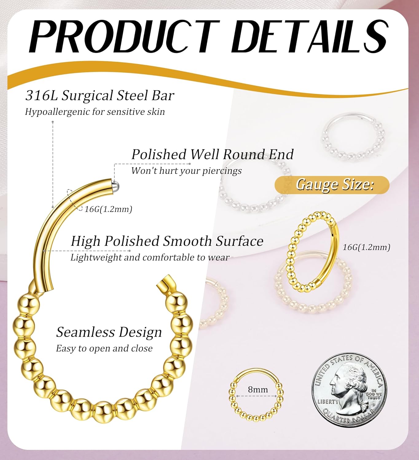 Beaded Nose Hoops for Women Men-316L Surgical Steel Hinged Nose Hoops 16G Clicker Septum Nose Ring Lip Helix Cartilage Hoop Earring Daith Rook Conch Body Piercing Jewelry 8MM 10MM - Image 2