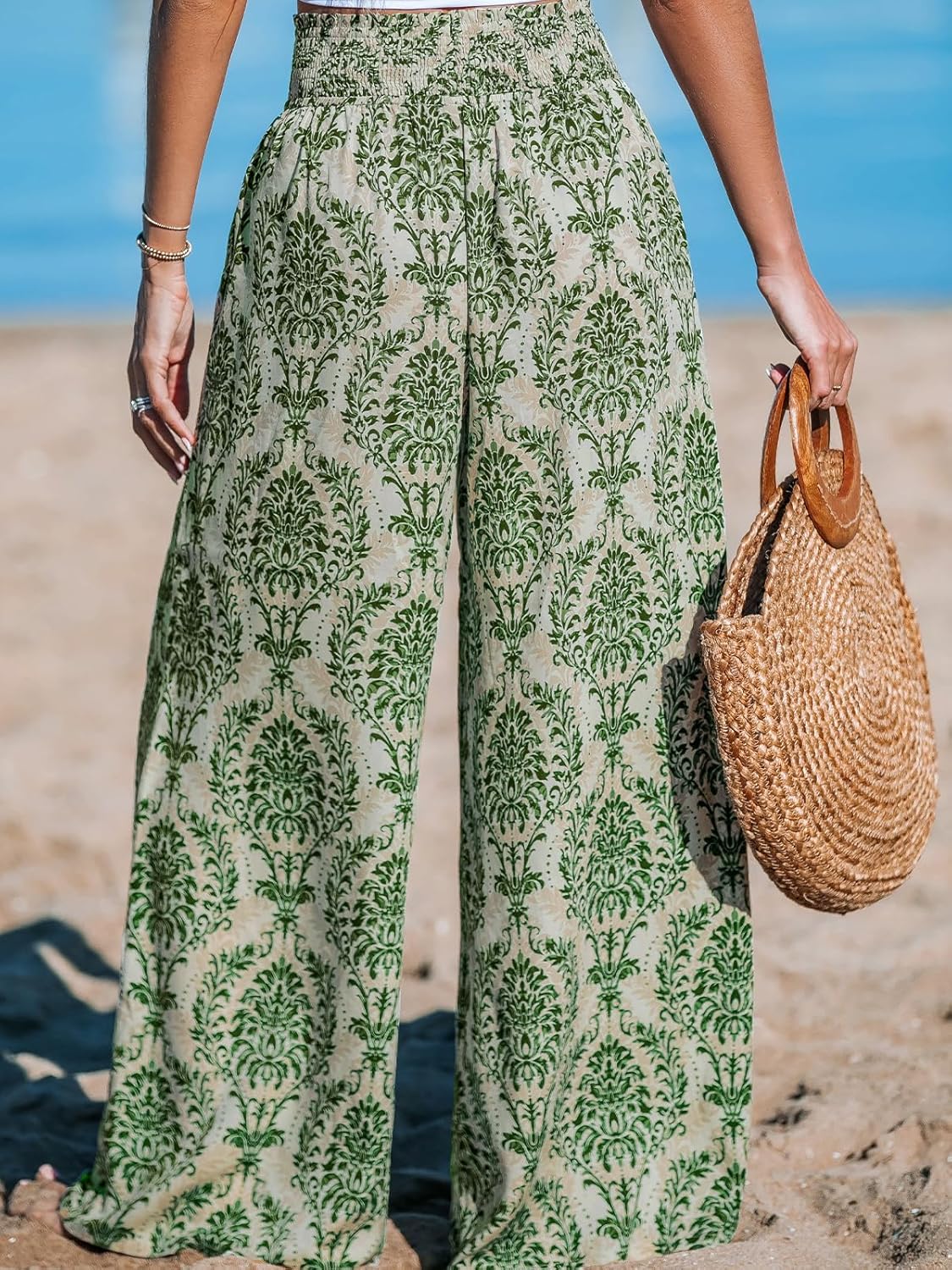 CUPSHE Womens Wide Leg Pants Elastic High Waisted Beach Trousers Cotton Linen Summer Palazzo - Image 2