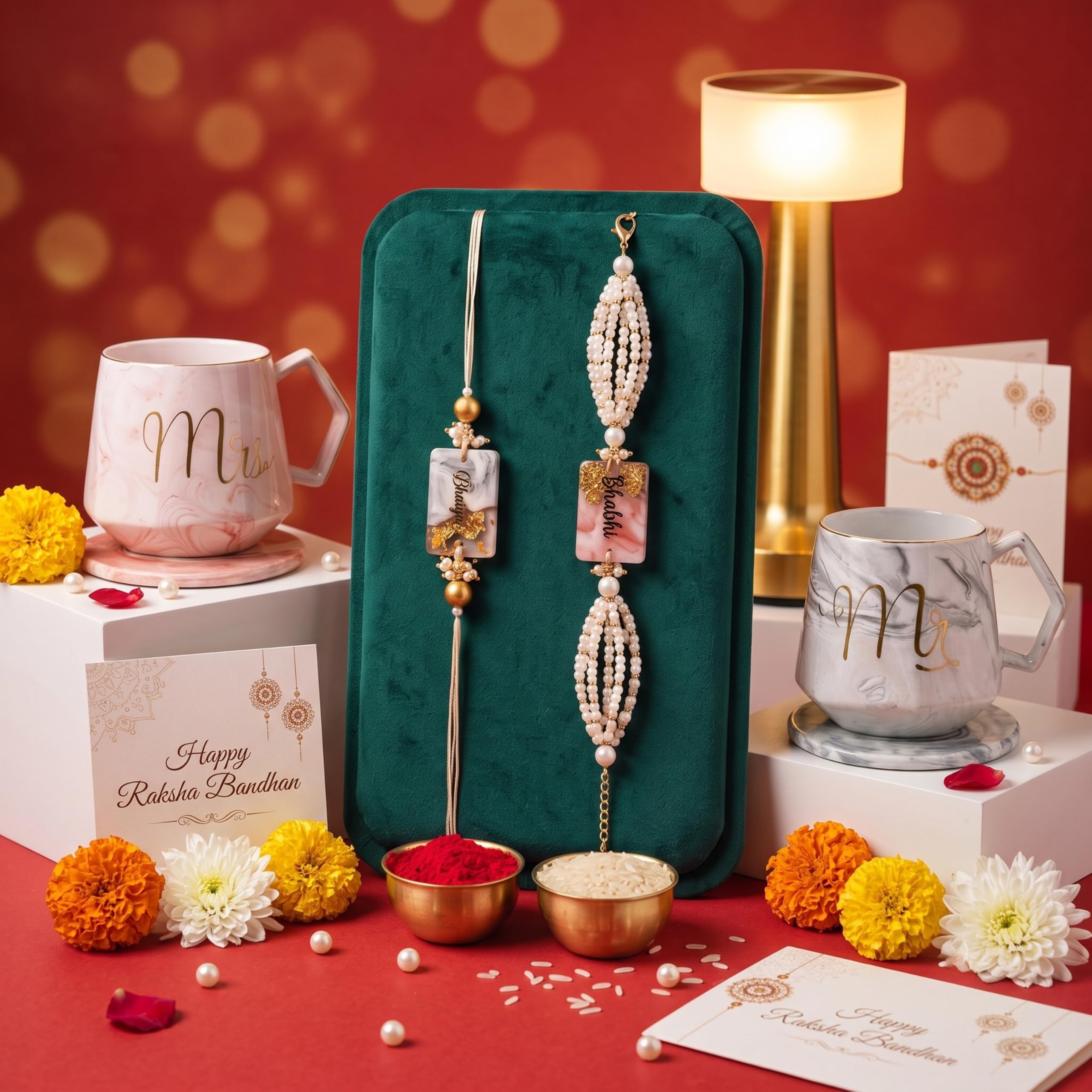 NYRWANA Coffee Mug 350 ml & Table Lamp 2000mAh Battery Combo, Rakhi for Brother and Bhabhi with Gift, 3 Colour Touch Control, USB-c Charging, Mr & Mrs Set of 2 Coffee Mugs, Lids & Beautiful Gift Box