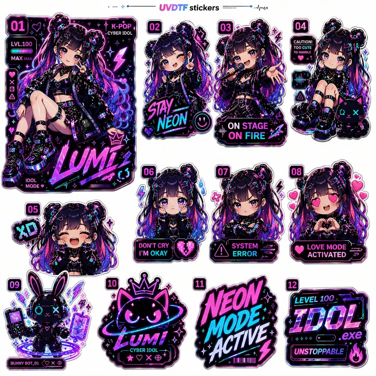 UV DTF Cup Wrap Transfer Stickers, K-Pop Cyber Idol Anime Theme, 6.35x6.35 cm, Waterproof Decals for Mugs, Water Bottles, Laptops, Pack of 12