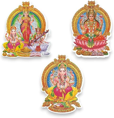 Miniatura 7 de LOVENSPIRE 6CT Ganesha Laxmi y Saraswati - Adhesivo decorativo de pared fácil de despegar, efecto de purpurina premium, calcomanía de pared de Pooja
