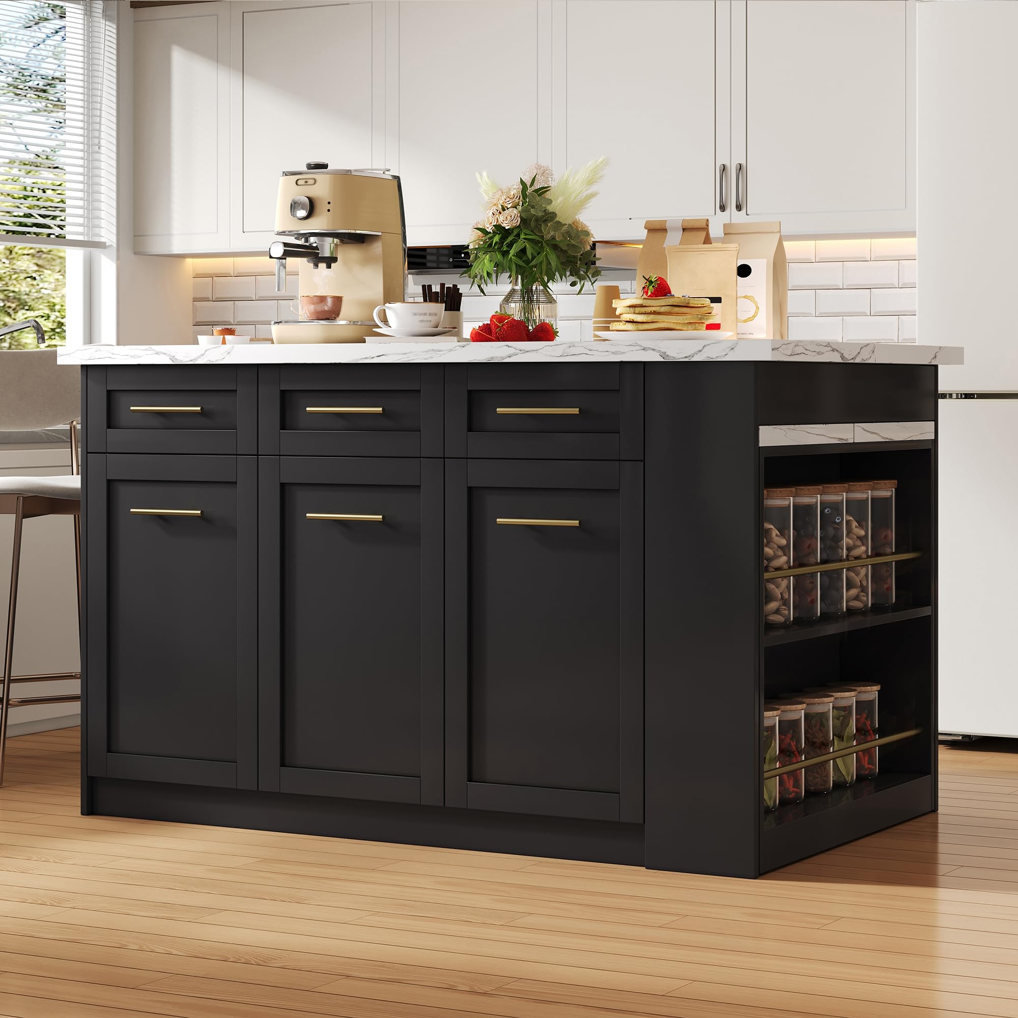 Isla de cocina multifuncional con mesa de comedor blanca extensible (150 cm + 96 cm), isla de cocina central con muebles de almacenamiento integrados, encimera de madera efecto mármol (negro)