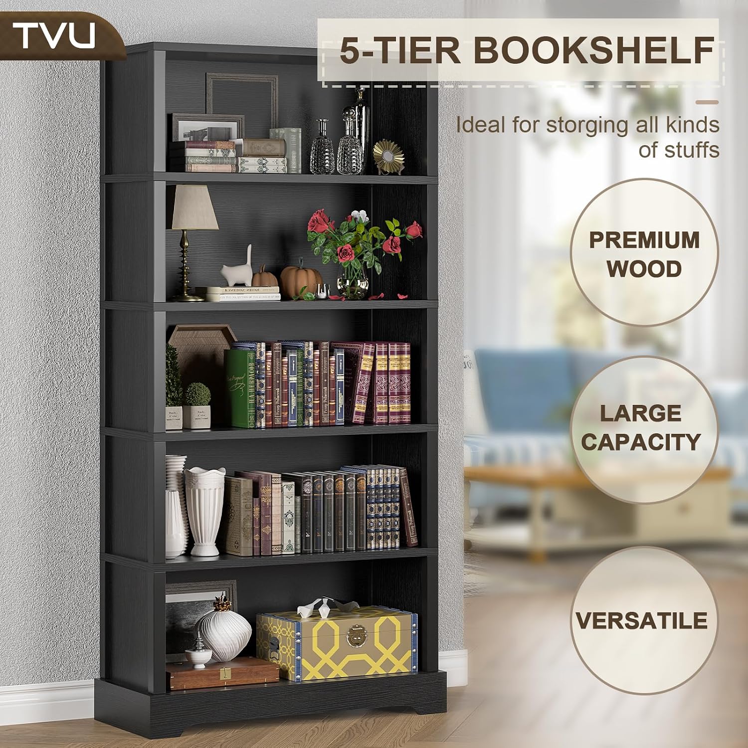  5-Tier Wooden Bookshelf, 65" Tall Farmhouse Style Open Bookcase, 31.5" W Standing Book Shelf with Storage, Suitable for Study, Living Room, Office, Blcak thumbnail