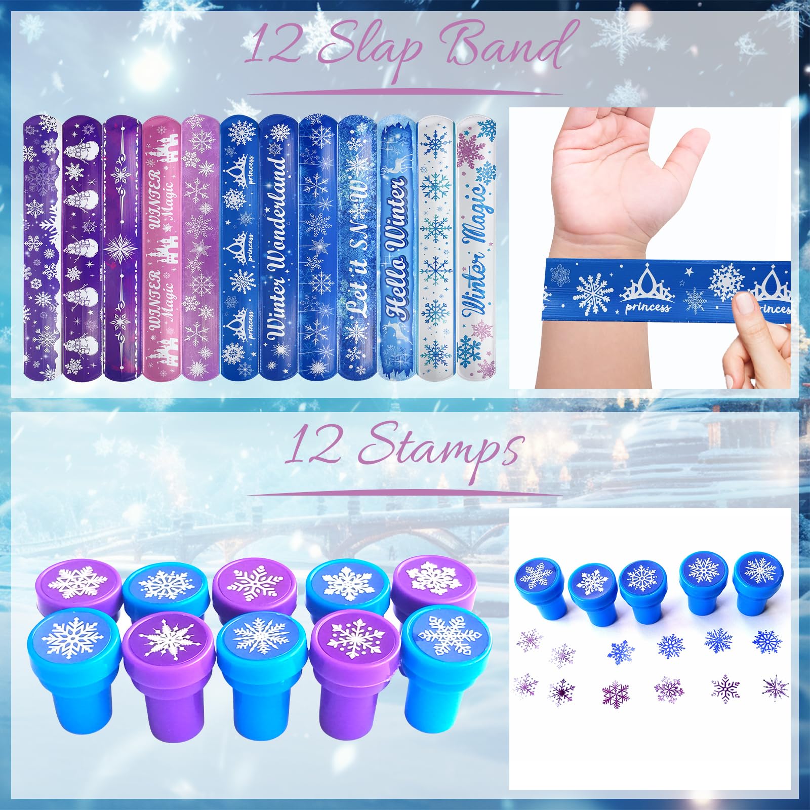 Accesorios para fiesta temática de copos de nieve para cumpleaños infantil, varita mágica, llavero, pulsera a presión, pegatinas, sello, pinzas para el cabello, cuaderno, accesorios para fiesta