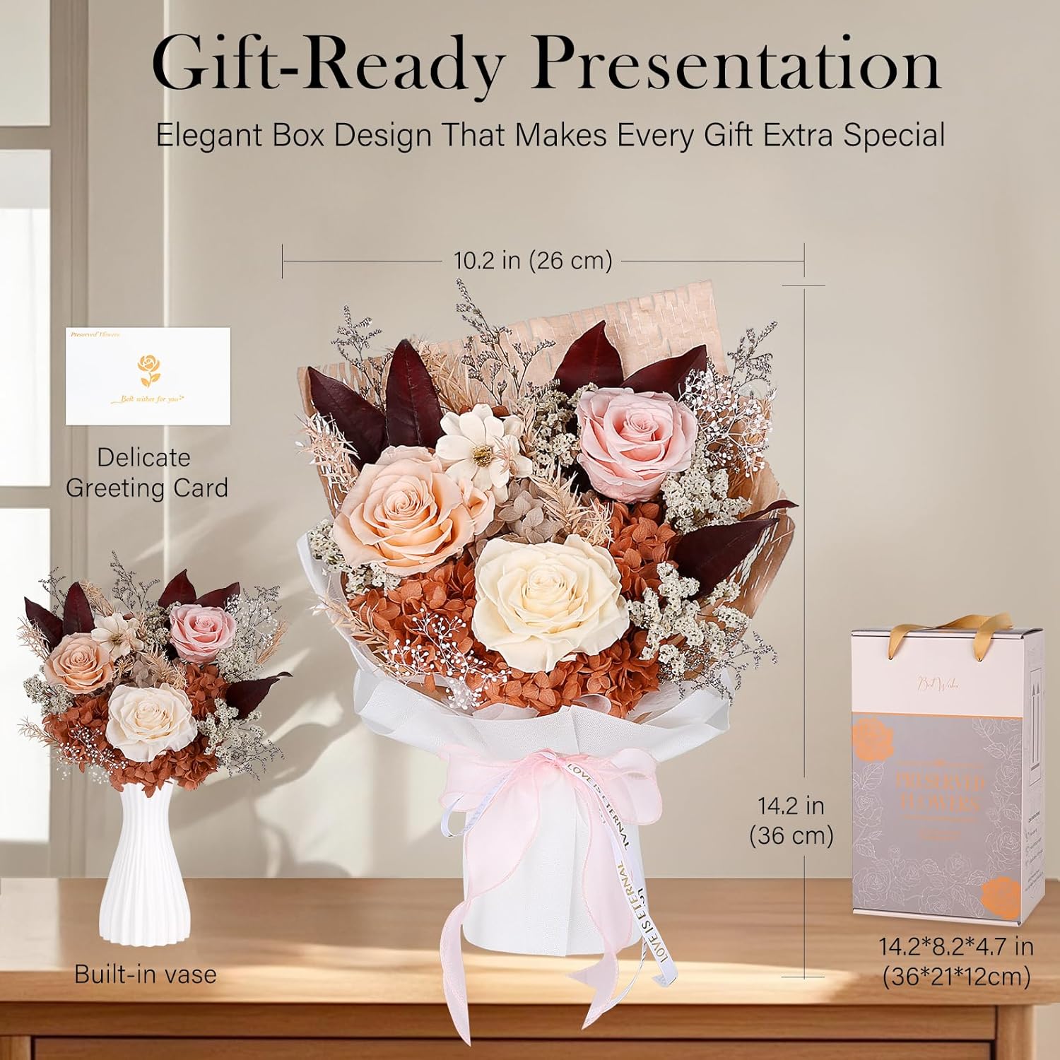 Preserved Bouquet of Flowers - Forever Flowers for Delivery, Real Eternal Roses, Anniversary Birthday Valentine Gifts for Women Mom Grandma Her Wife Girlfriend, Champagne - Image 7