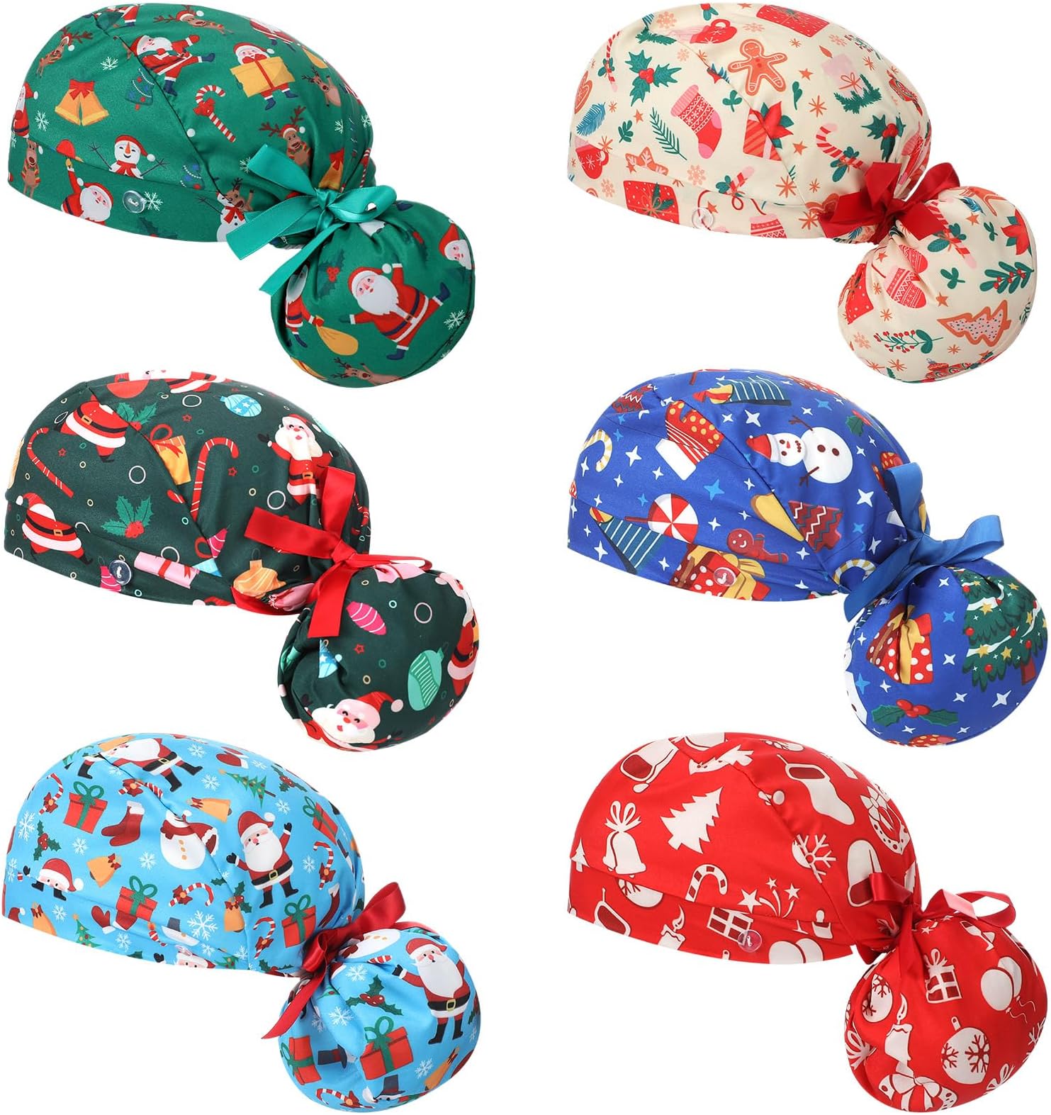 6 Pcs Scrub Caps for Women Doctor Nursing Hats with Buttons Adjustable Tie Back Working Cap Bouffant Scrub Hats for Women Men