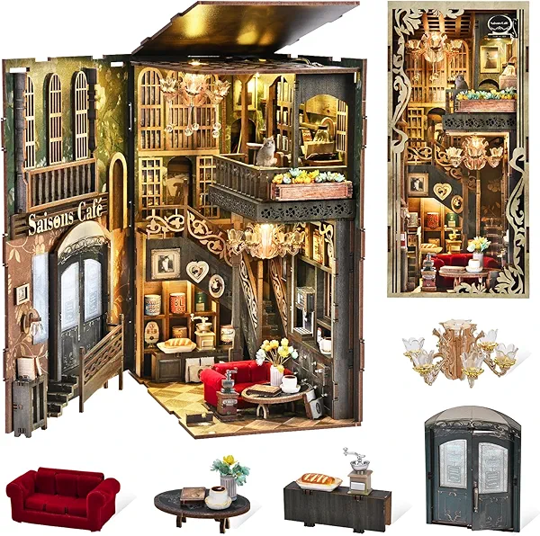 MiniCity Book Nook Kit, DIY Miniature Dollhouse Kit 3D Puzzles for Adults Tiny House Mini Home Craft Bookshelf Nook Puzzle Book Decor Gifts for Teenagers Book Lovers (Saisons Café)
