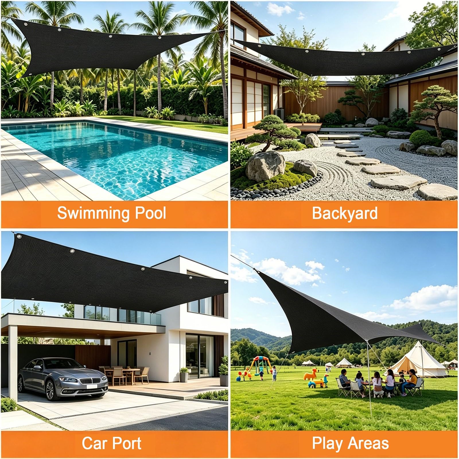 Voile d'ombrage Imperméable 190 x 570 cm 98% UV Protection PES Résistant à l'eau Rectangulaire Protection Solaire Durable Voile d'ombrage Filet pour Patio Jardin, Noir