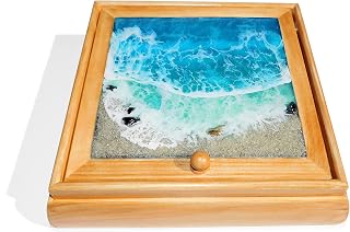 Handmade Epoxy Resin Wooden Ocean Wave Jewelry Box with Mirror and Dividers Island Beach Sea Tropical Coastal Jewellery Trinket Keepsake Storage Organizer
