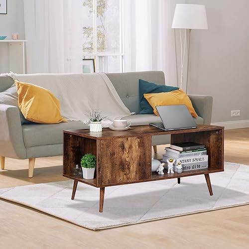 Miniatura 2 de SUPER DEAL Mesa auxiliar para sala de estar, mesa central de comedor de madera de mediados de siglo de 2 niveles con estante de almacenamiento, mesa