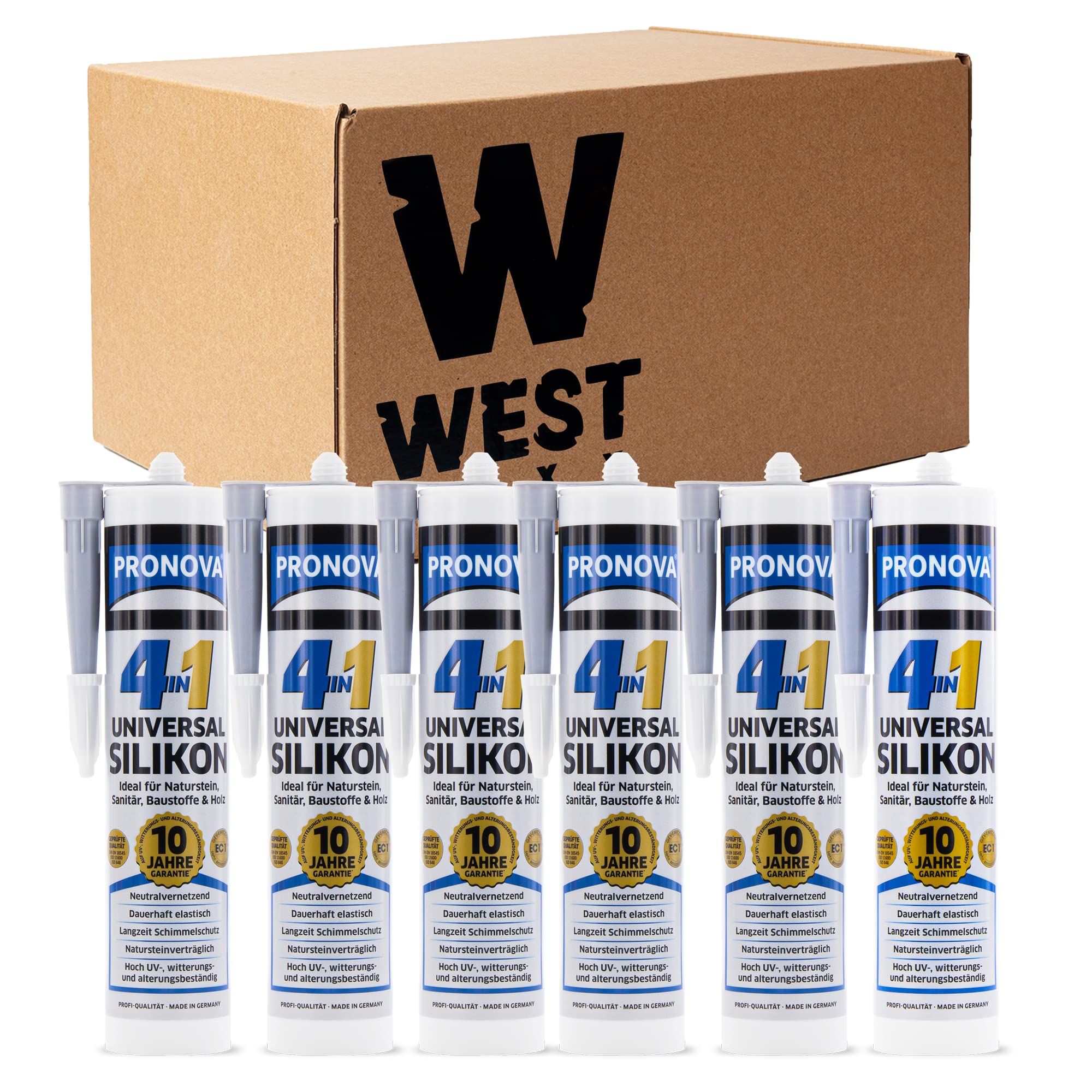 Set aus 6x Pronova 4 in 1 Silikon in Manhatten, Universal Silikon ideal für Sanitär, Naturstein & Holz für außen und innen