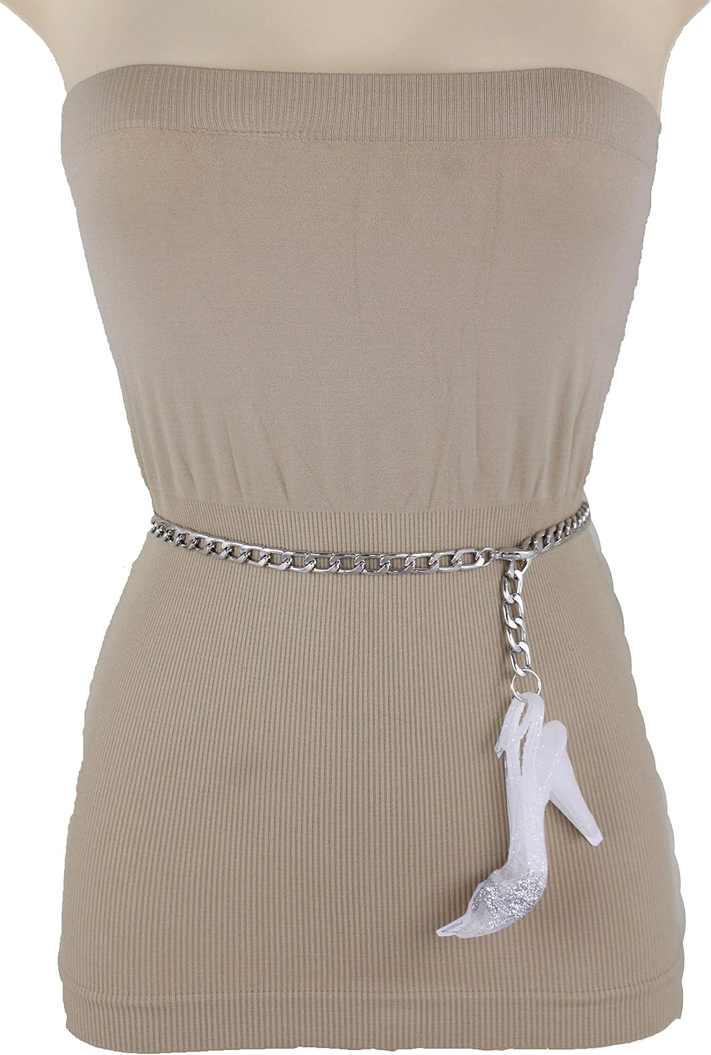 Trendy Fashion Jewelry TFJ Women Narrow Belt Hip Waist Silver Metal Chain Pump Shoe Glitter Buckle XL XXL