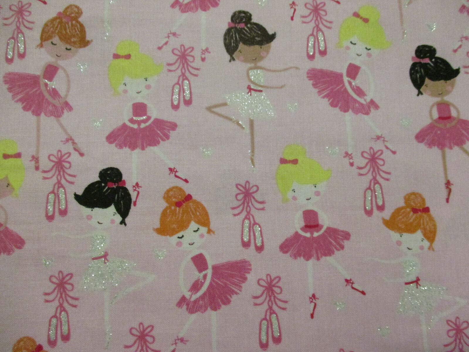 Fat Quarter (18 x 22) Ballerina Ballet Dancers Shoes Girls Glitter Pink Cotton Fabric FQ