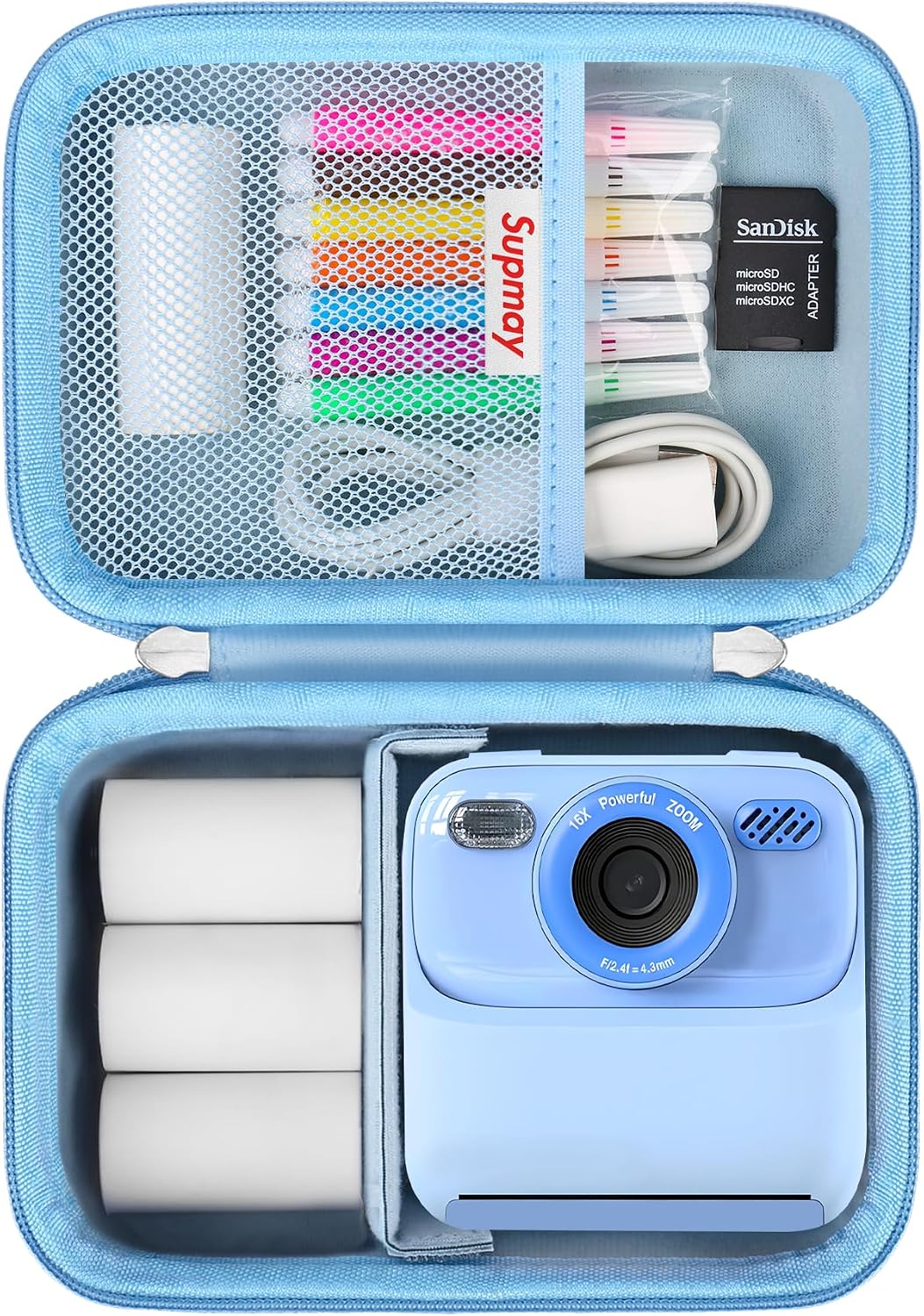 Hard Carrying Case for Cimizi/for masterbee/for MgaoLo Upgrade Kids Camera Instant Print, Toys Storage Bag with Mesh Pocket for Roll Printing Papers, USB Cable, SD Card, Colour Pen, Blue