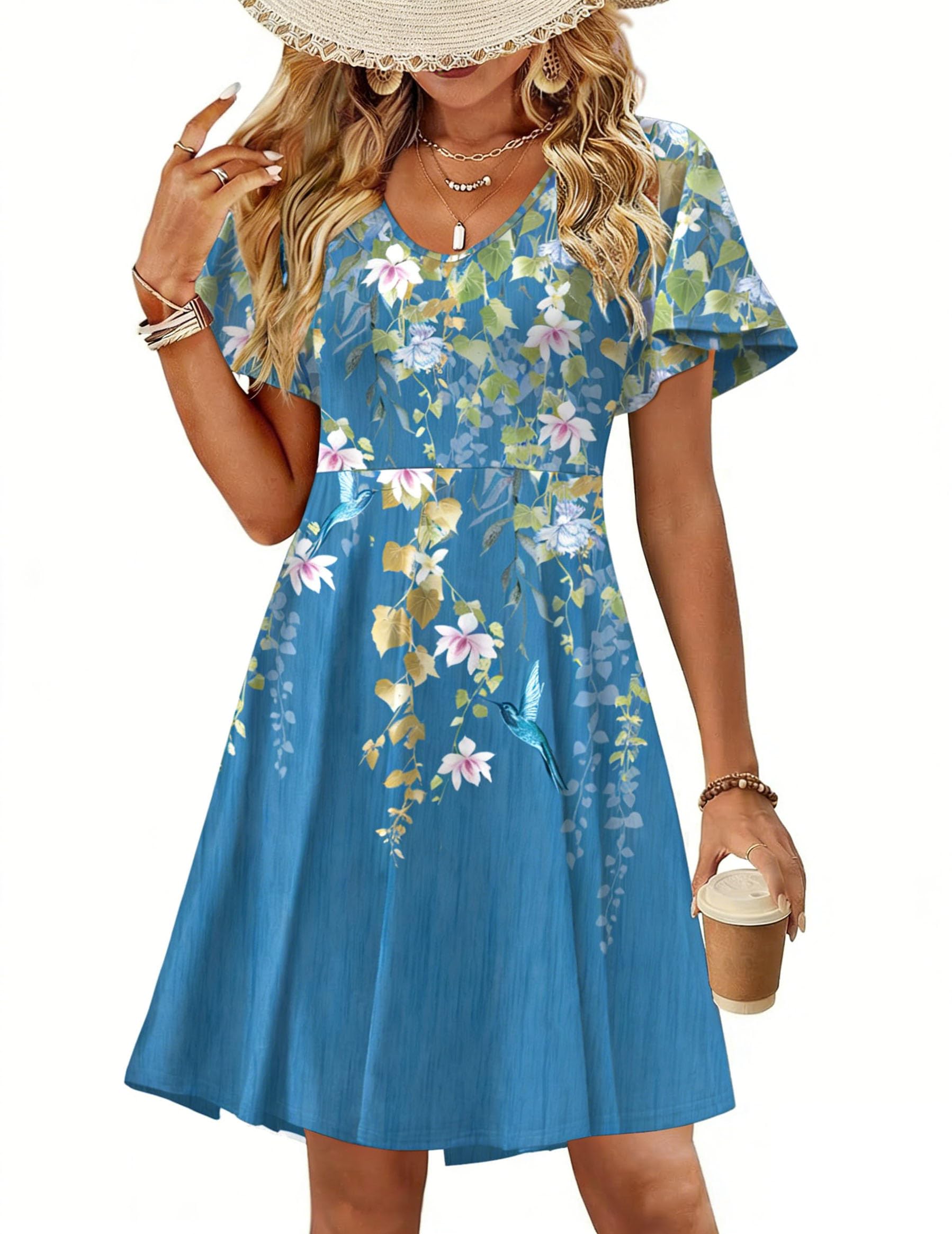 Zeagoo Womens Summer Dress Casual Swing Sundresses Floral Ruffle Short Sleeve Wedding Guest Dress Beach Mini Dress 2026
