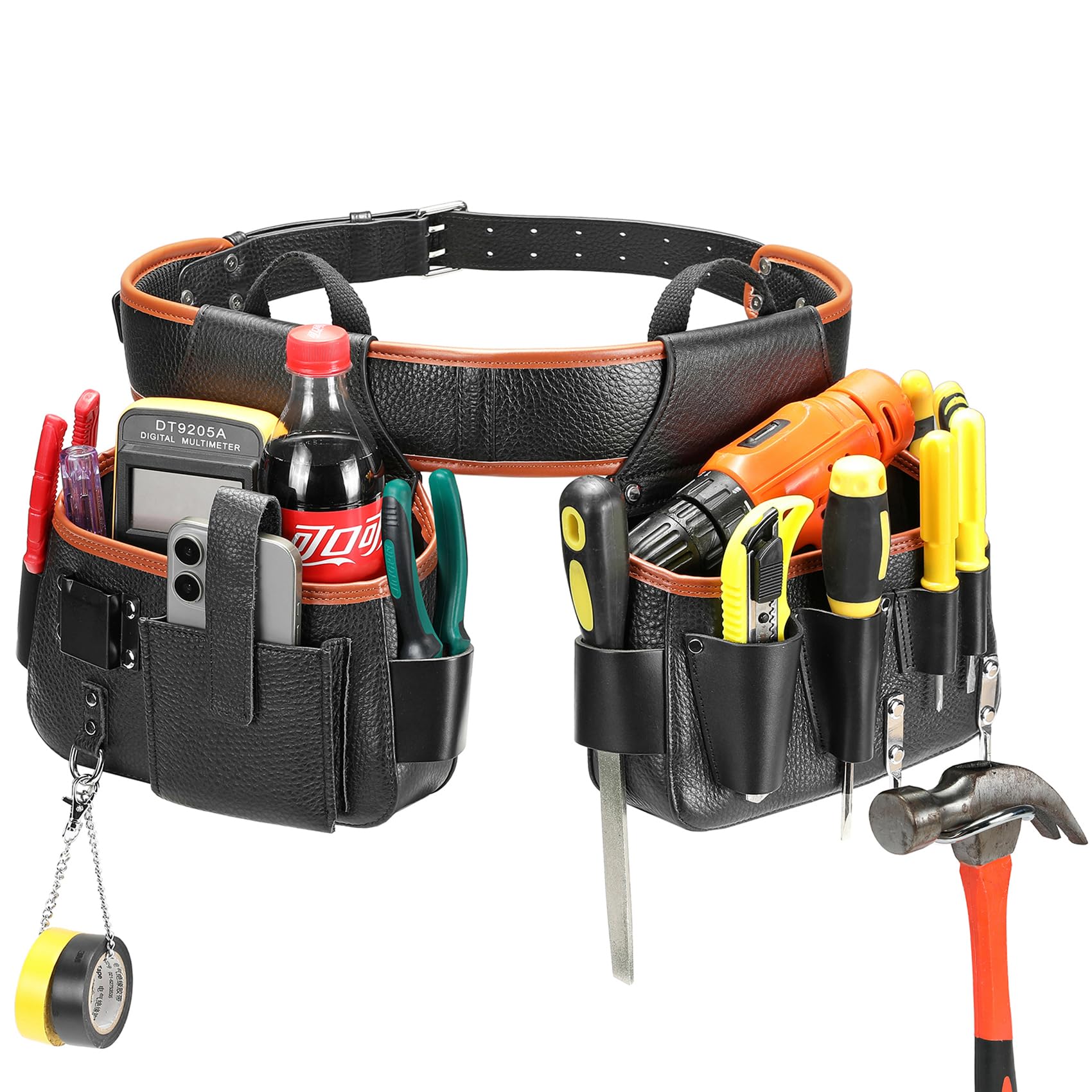 Tool Belt,Genuine Leather Tool Pouch,Detachable &amp; Adjustable Single Side Tool Belt Pouch for Electrician,Carpenter,Construction,Work Apron,Utility Belt. (Black-C)