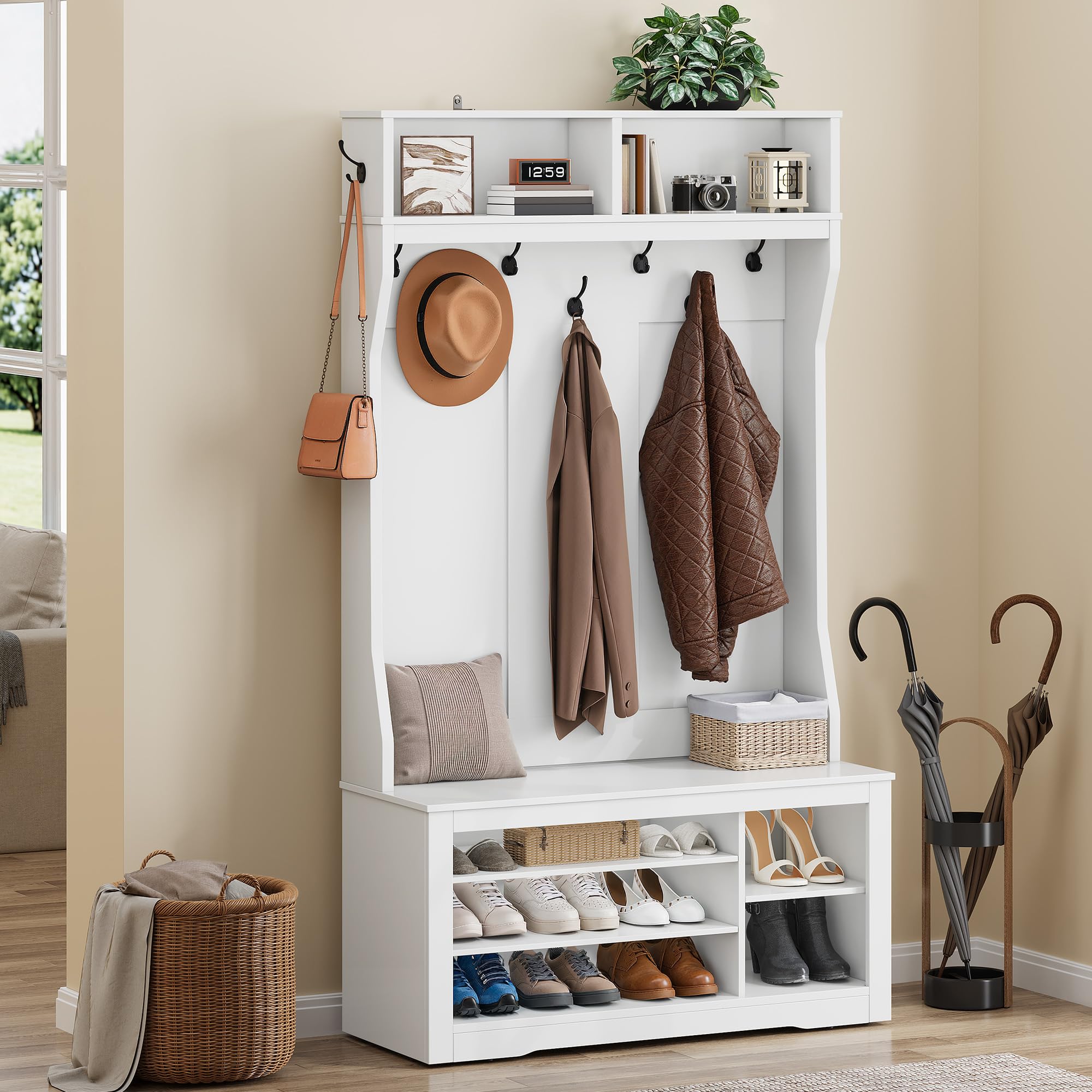 YITAHOME Garderobenständer mit Schuhbank, Garderobenschrank, Garderobe, Flurgarderobe mit 9 Haken & Oberschrank, für Diele & Wohnzimmer,Verstellbare Regalebenen Schuhschrank,100x35x180.5cm, Weiß