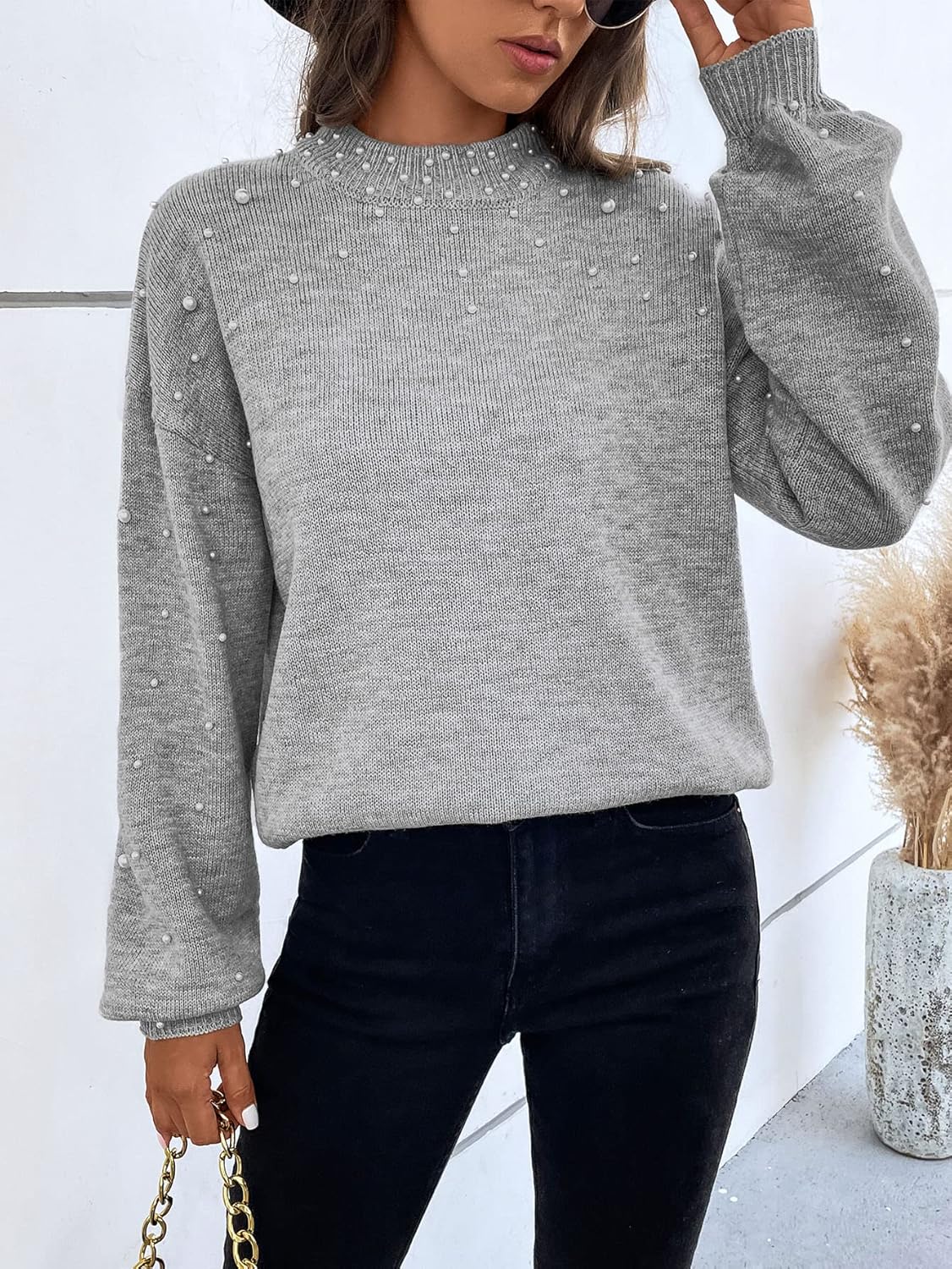 Women's Sweater Mock Neck Pearls Beaded Bishop Sleeve Sweater Sweater for Women (Color : Gray, Size : Small)