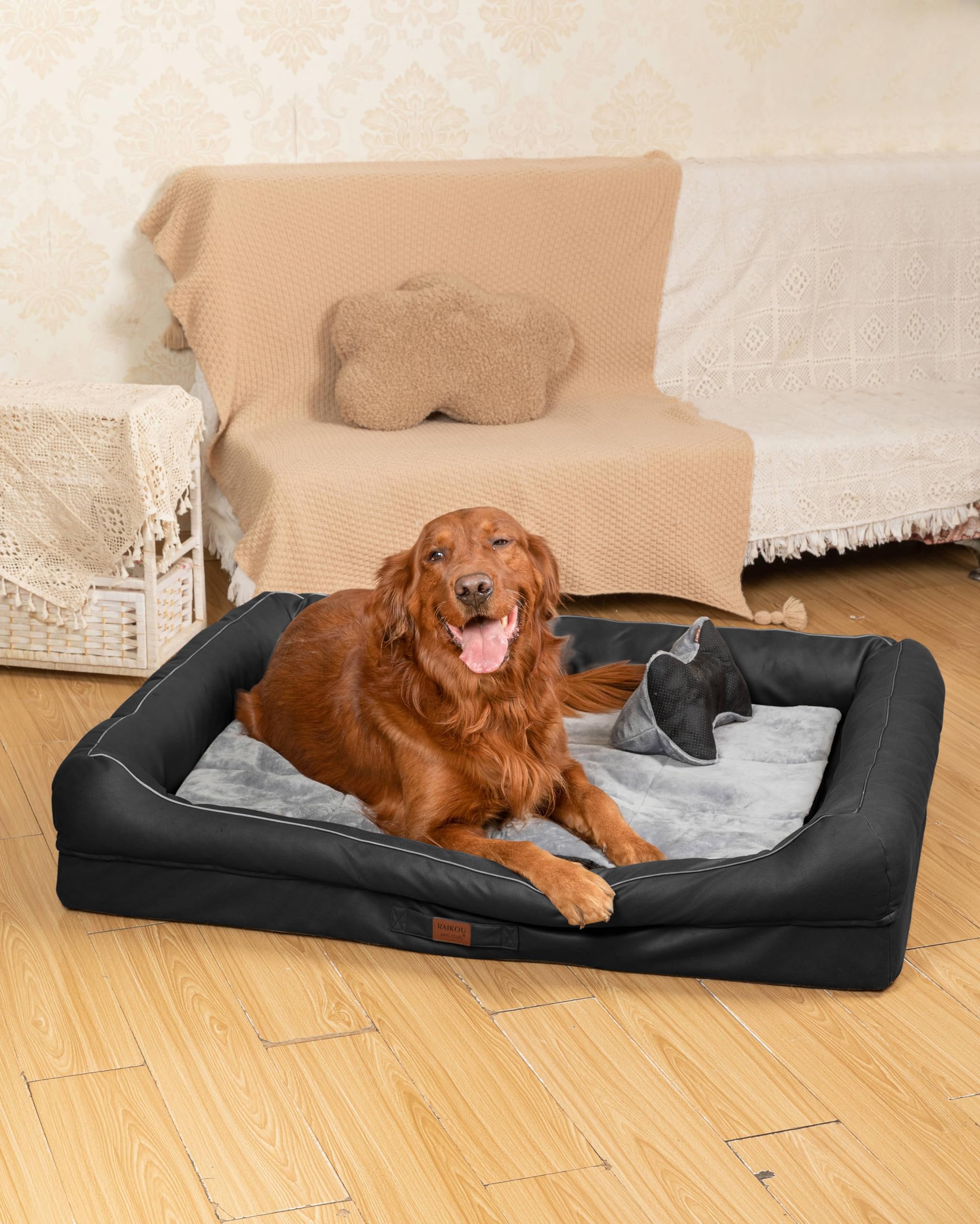 RAIKOU Matelas Orthopédique Chien,Canapé pour Chien,Lit en Mousse pour Chien,Coussin Chien Mémoire de Forme,Panier Chien Dehoussable,Lit pour Chien&Chat Lavable et Antidérapant(Noir,100x80x9cm)