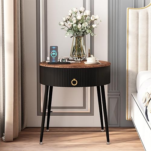 Miniatura 9 de OIOG Juego de 2 mesas auxiliares, mesitas de noche redondas con cajón, modernas mesas auxiliares para espacios pequeños, sala de estar, dormitorio,