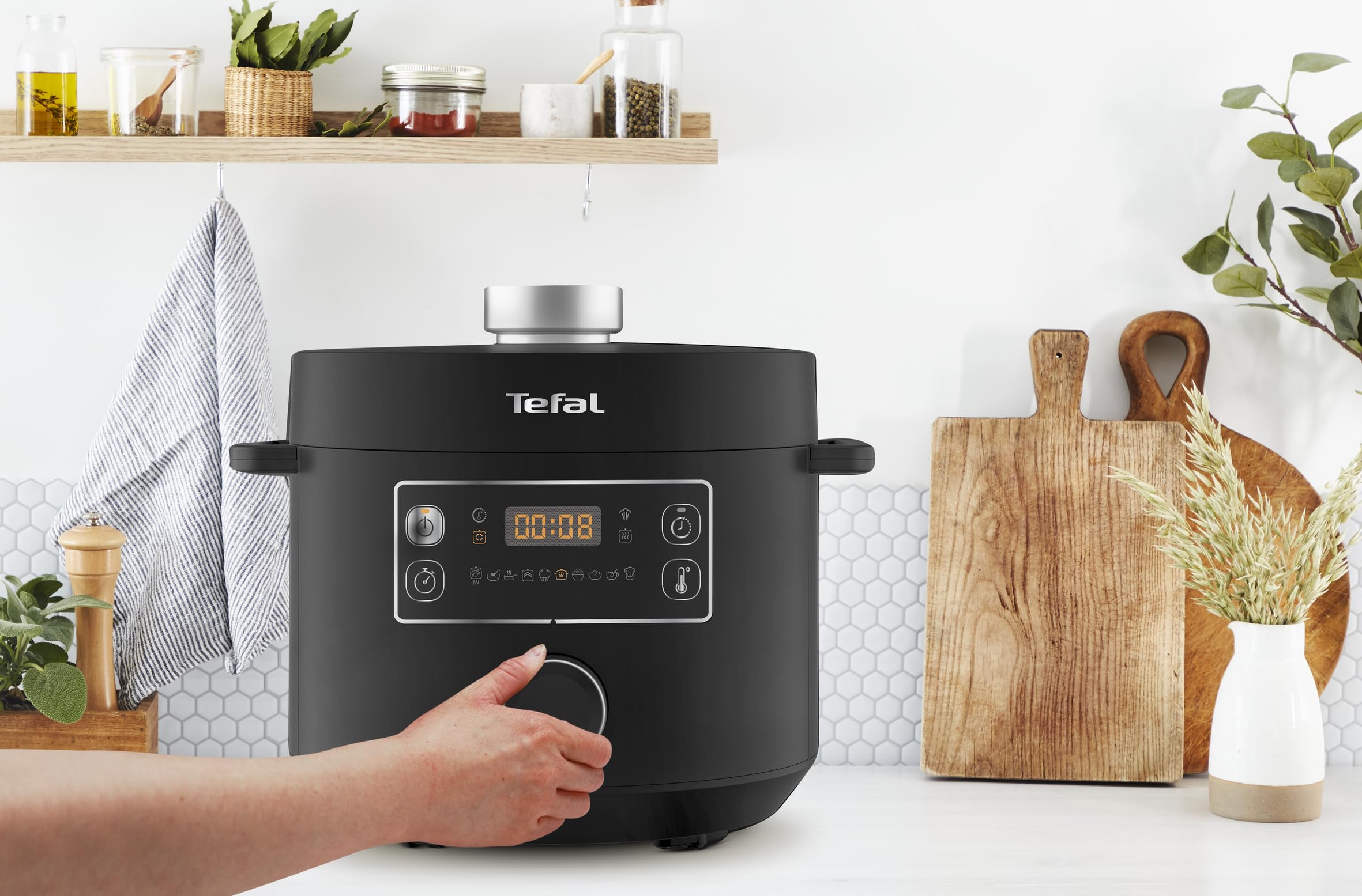 Tefal Turbo Cuisine Multikocher 4,8L, High-Speed & 10 Programme: Dampfgarer, Schmoren, Anbraten, Sous-vide, Reis & mehr, Verzögerung & Warmhaltefunktion, Antihaft, Zubehör inkl., Schwarz, CY7548