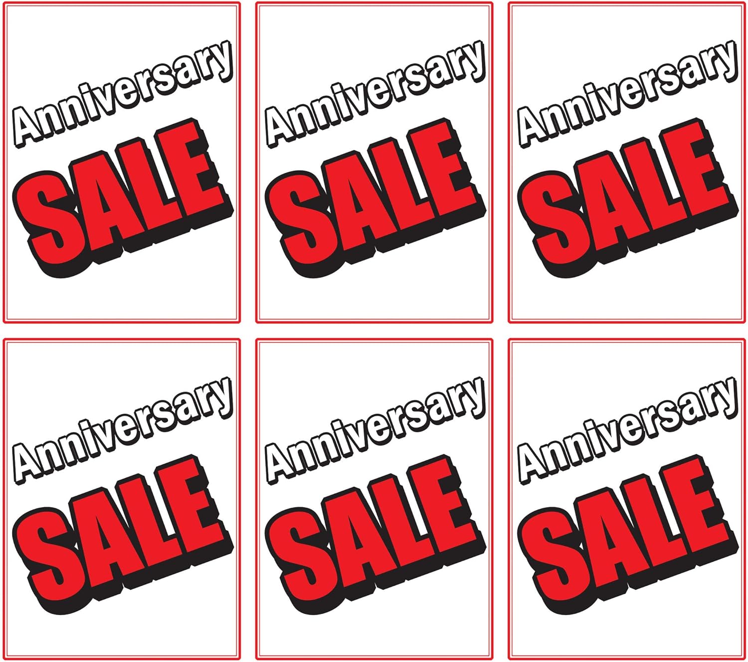 Anniversary Sale | Large Store Window/Wall Retail Display Paper Signs | Full Color | 18w x 24h (6 Pack)