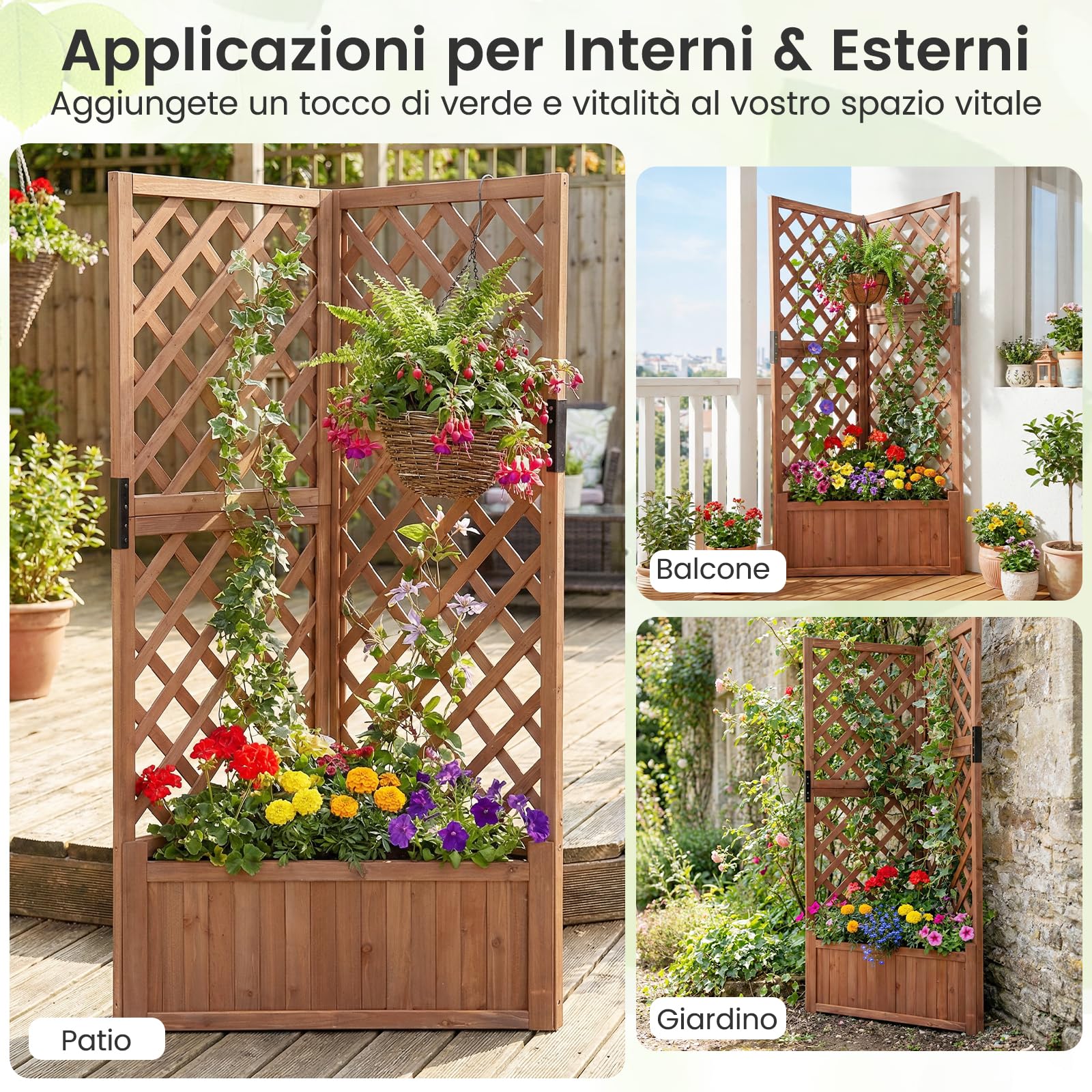 COSTWAY Letto da Giardino Rialzato ad Angolo con Traliccio e Fori di Drenaggio, Fioriera in Legno Elevata per Piante Rampicanti, Fiori e Verdure, Ideale per Interno ed Esterno (Marrone)