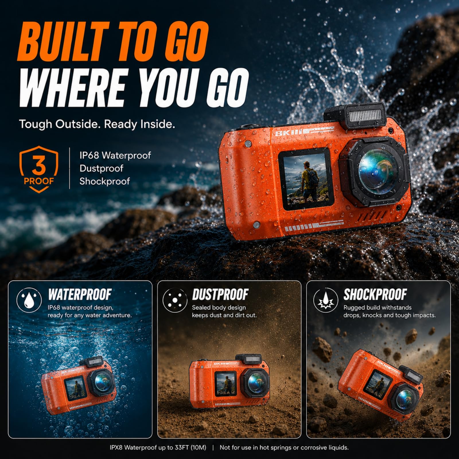 MaxMango D50 33FT Cámara Digital Impermeable, 8K 70MP Cámara Acuática con 16 GB, Cámara de Fotos con 2.88" Doble Pantalla 18x, Resistente al Polvo y a los Golpes, Autofocus - Naranja
