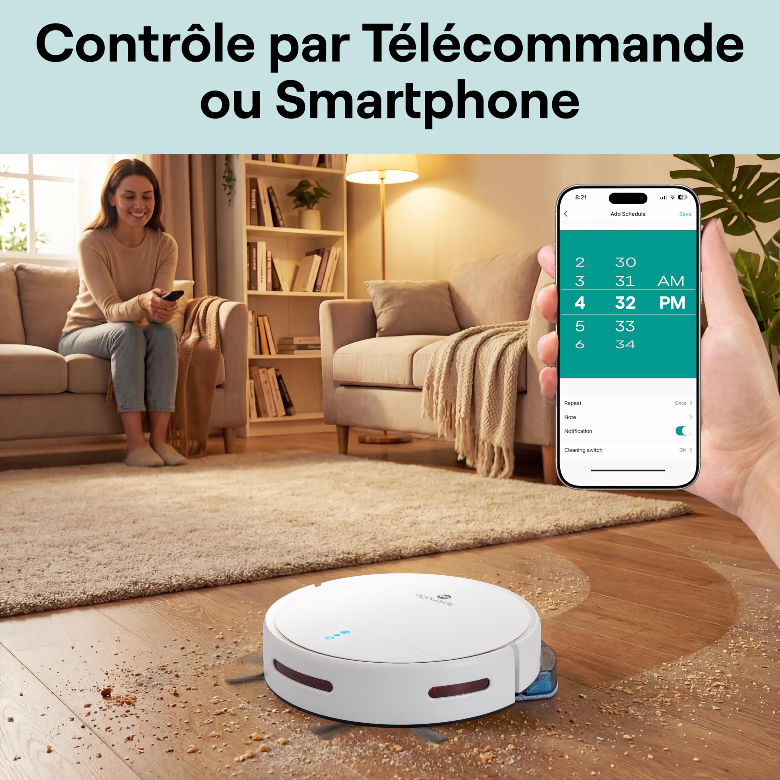 SereneLife Robot Aspirateur Laveur 3-in-1 – Auto-Recharge, Anti-Chute, Nettoyage Automatique, Robot Laveur pour Sols Durs, Tapis et Poils Animaux, 3 Modes, Blanc