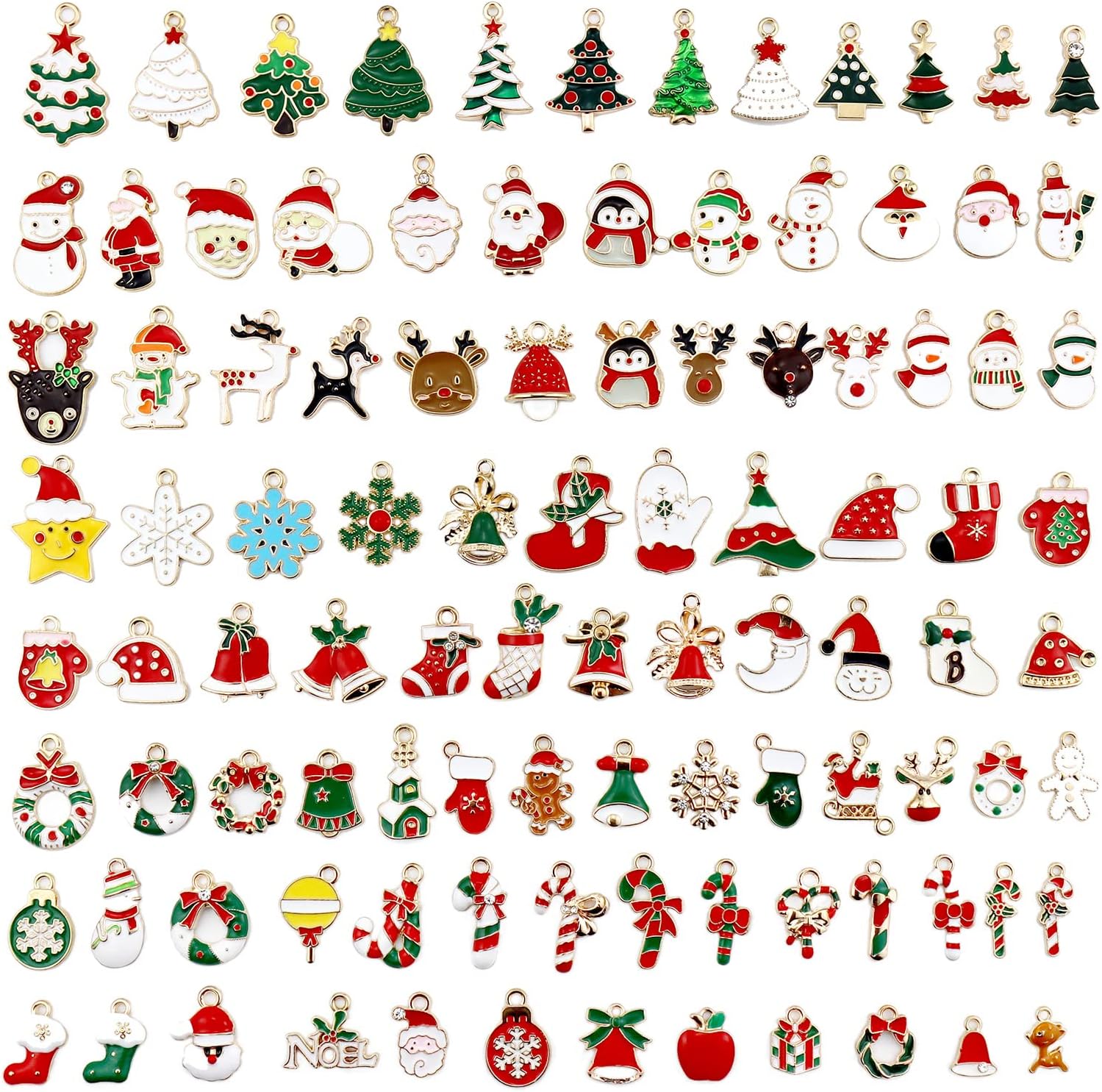 JIALEEY 100PCS Christmas Charms Assorted Gold Plated Enamel Xmas Pendant DIY for Necklace Bracelet Jewelry Making and Crafting Bag Sweat Cloth Decoration