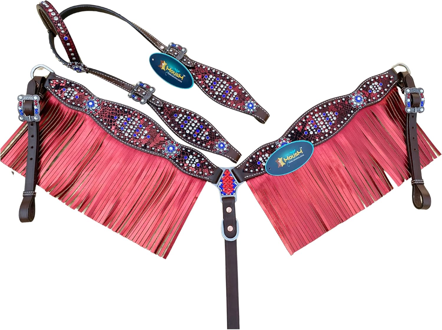 American Flag Fringe Headstall and Breast Collar- Argentina Cow Leather Tack Set Decorated with Red, White, and Blue Color Design, Premium Conchos, and Antique Buckles