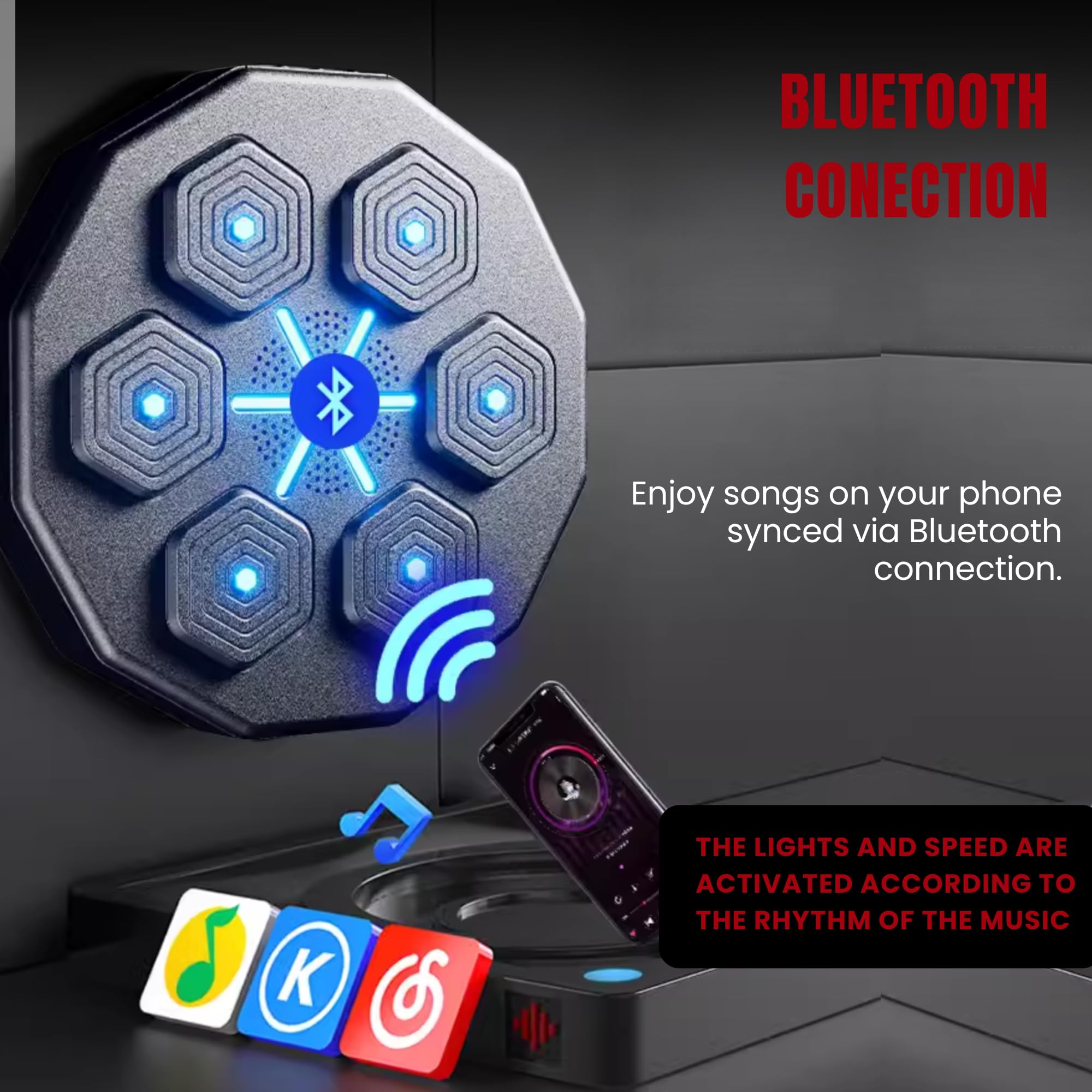 Macchina Da Boxe Musicale Bluetooth Con Luci LED, Montata A Parete Con Ventose. Include 2 Guantoni. Perfetta Per Casa, Bambini E Adulti. - 4