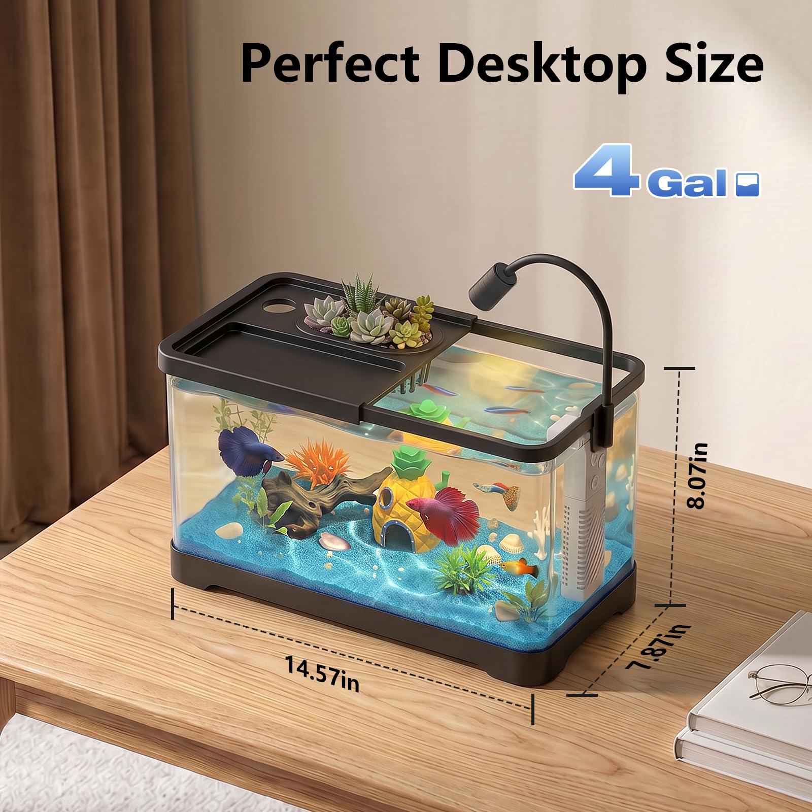 Kit de iniciación de acuario de pecera de 4 galones con filtro y luz, todo en uno, pequeño tanque de peces para Betta, niños y escritorio, nano acuario autolimpiante con tapa (negro mediano